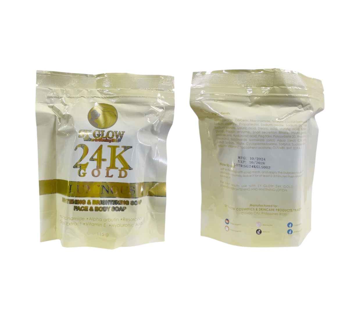 SY GLOW 24K Luminous Face & Body Soap 115 g | With Niacinamide, Alpha Arbutin, Snail Extract & Vitamin E | Hydrating Skin Bar for Radiant and Even-Toned Skin