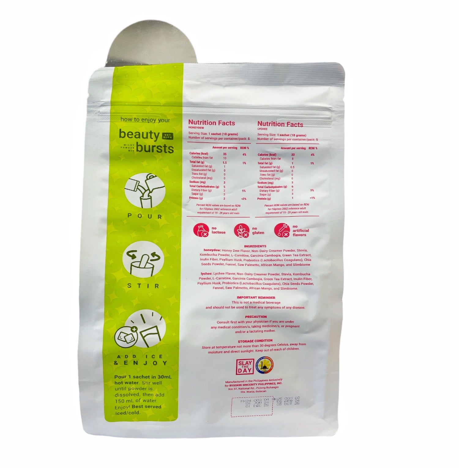 Ryxskin Beauty Burst Gut Glow Milky Powder Mix, 10 Sachets - Honeydew & Lychee- EXP OCT 2025