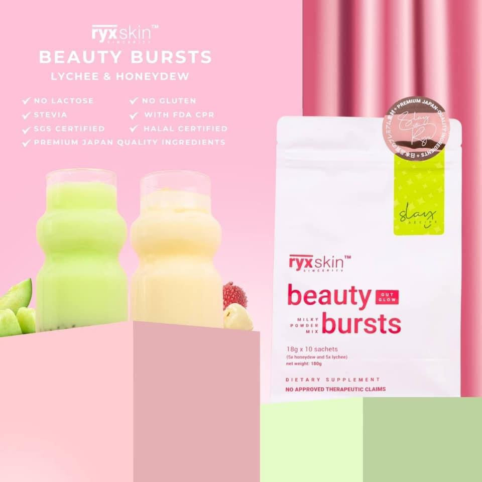 Ryxskin Beauty Burst Gut Glow Milky Powder Mix, 10 Sachets - Honeydew & Lychee- EXP OCT 2025
