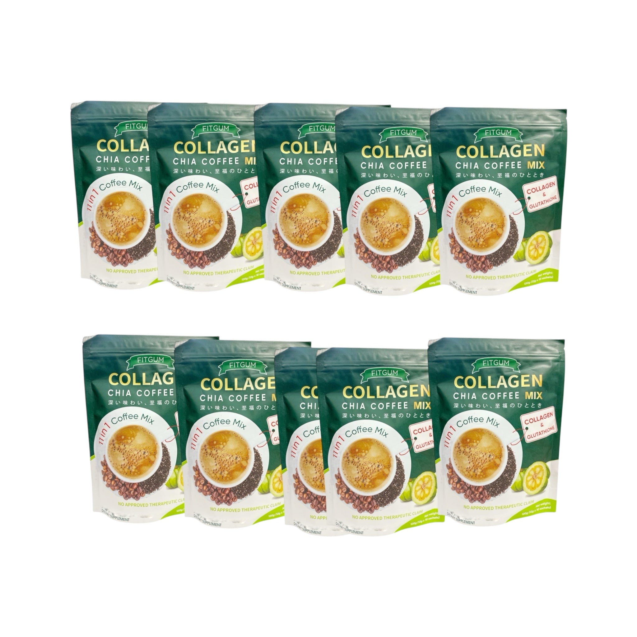 10 Packs FITGUM Collagen Chia Coffee - 11 in 1 Shape Coffee Mix