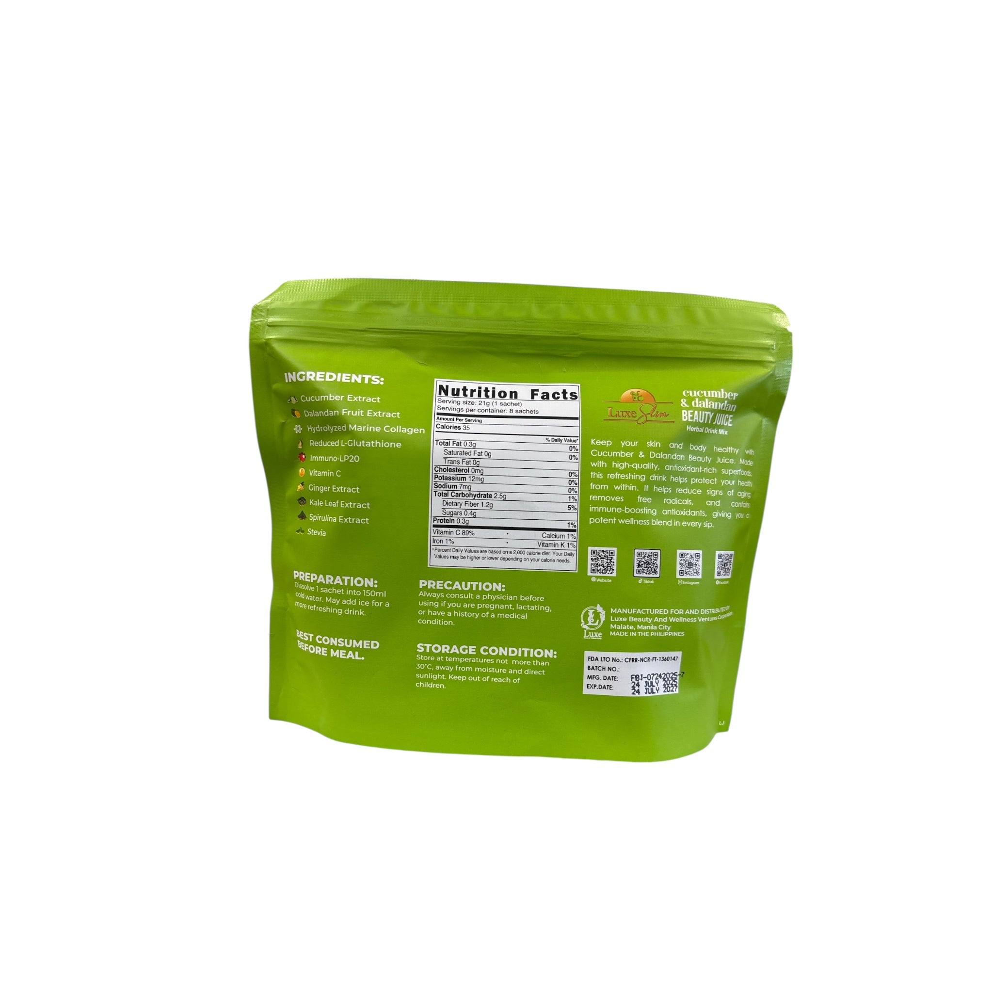 LUXE Slim Cucumber & Dalandan Beauty Juice - Herbal Drink Mix with Hydrolyzed Marine Collagen, Reduced L-Glutathione and Vitamin C - 8 Sachets (168g)