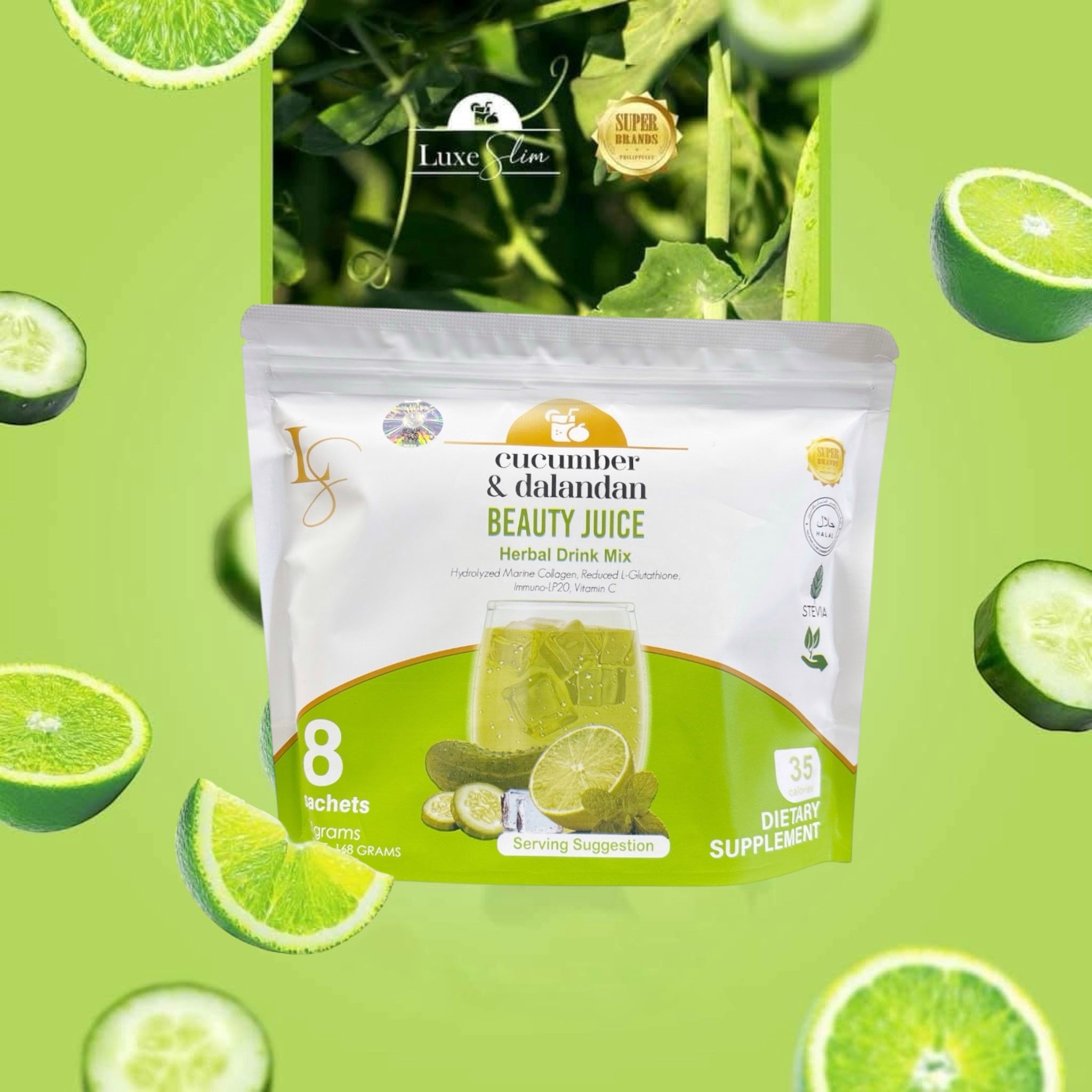 LUXE Slim Cucumber & Dalandan Beauty Juice - Herbal Drink Mix with Hydrolyzed Marine Collagen, Reduced L-Glutathione and Vitamin C - 8 Sachets (168g)