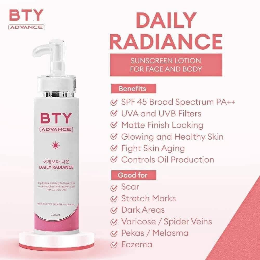 BTY ADVANCE DAILY RADIANCE Body Lotion with SPF 45 - Hydrating & Nourishing Lotion with Aloe Vera Extract & Shea Butter - 250 mL