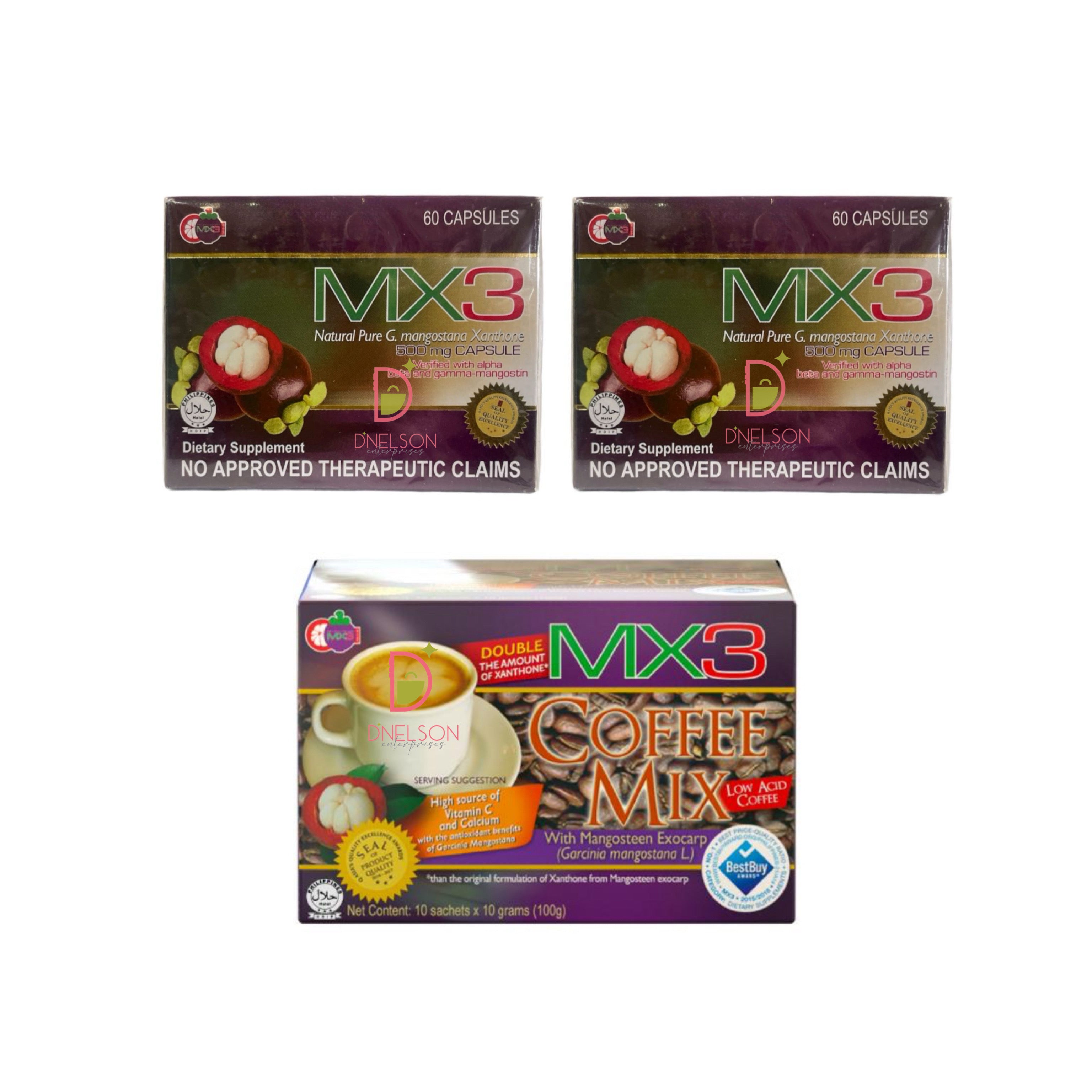 MX3 Capsule & Coffee Bundle: 2 Boxes MX3 Natural Pure Mangosteen Xanthone 500mg Capsule + 10 Sachets Coffee