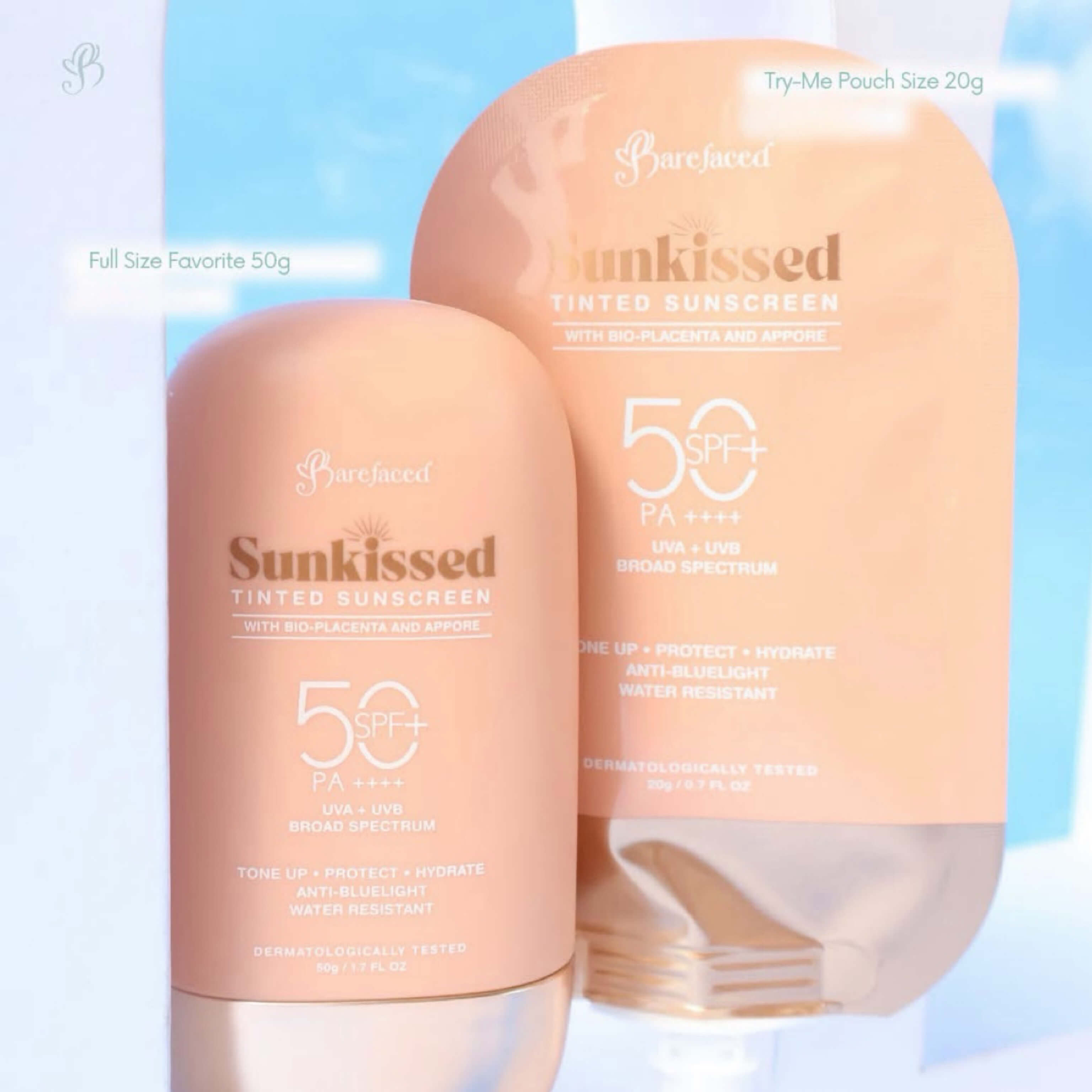 Barefaced Sunkissed Trial Pouch Tinted Sunscreen SPF 50 20g helps even out skin tone