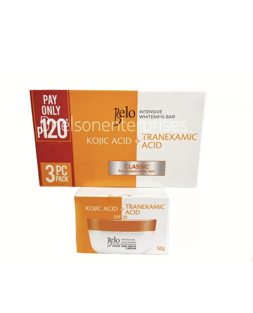 Belo Essentials Intensive Face & Neck Cream + 3 Bars Kojic Soap Belo Essentials Intensive Face & Neck Cream + 3 Bars Kojic Soap