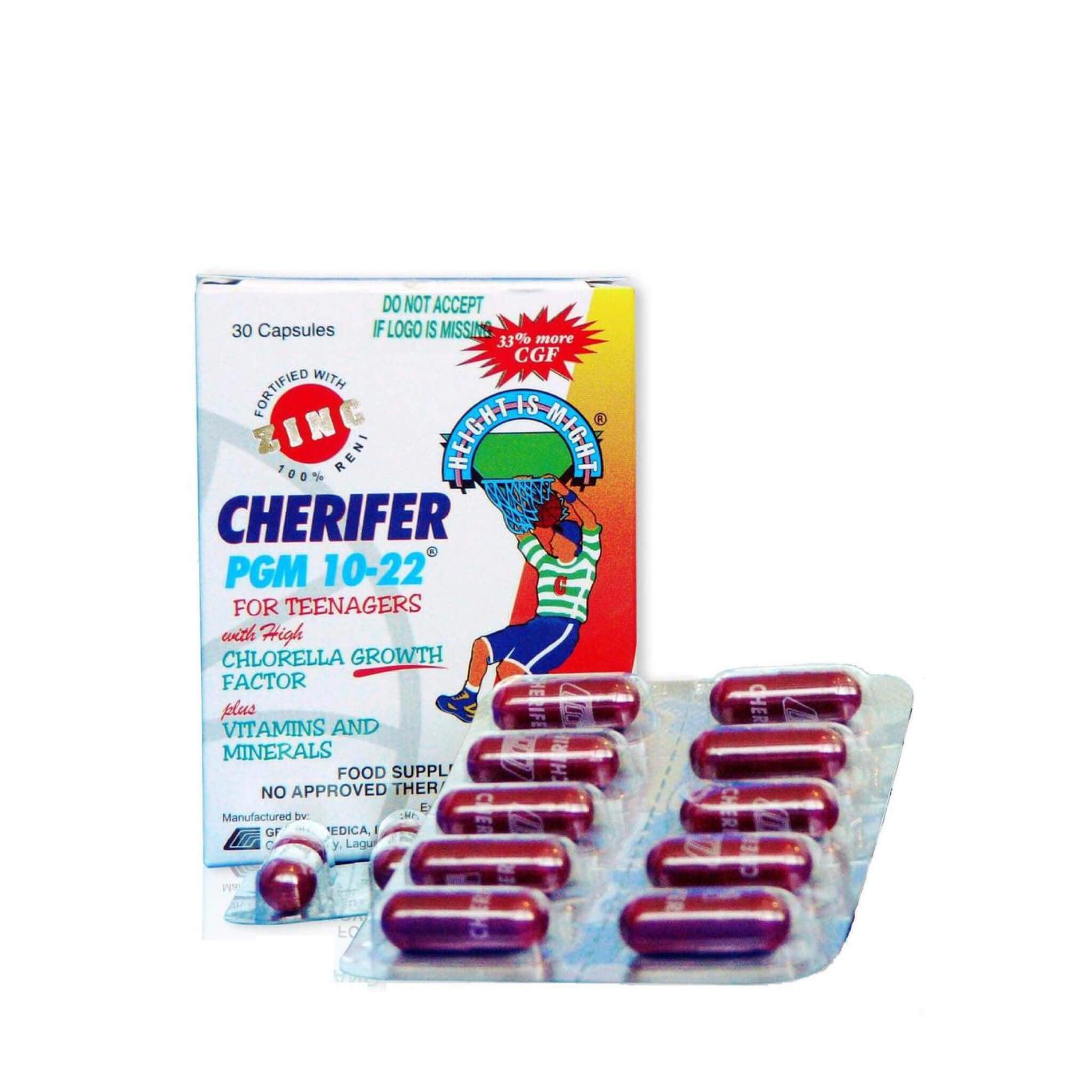 Cherifer Capsule with Zinc, 30 Capsules - Growth and immunity supplement with Double Chlorella Growth Factor and Taurine PGM 10-22.