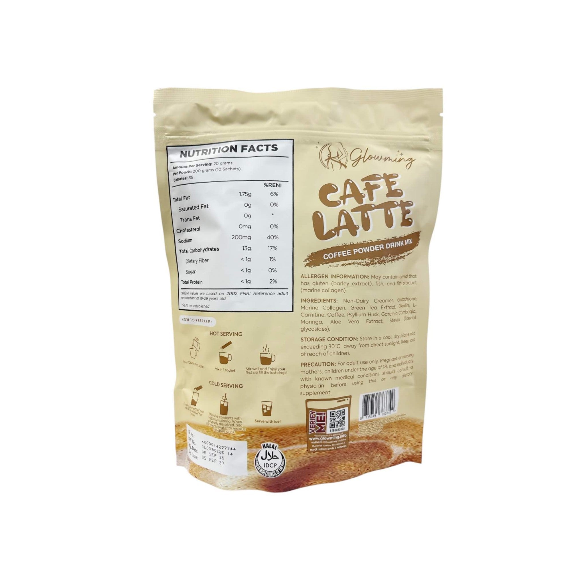 Cris Cosmetics Glowming Café Latte with Glutathione and Collagen 20g smooth blend