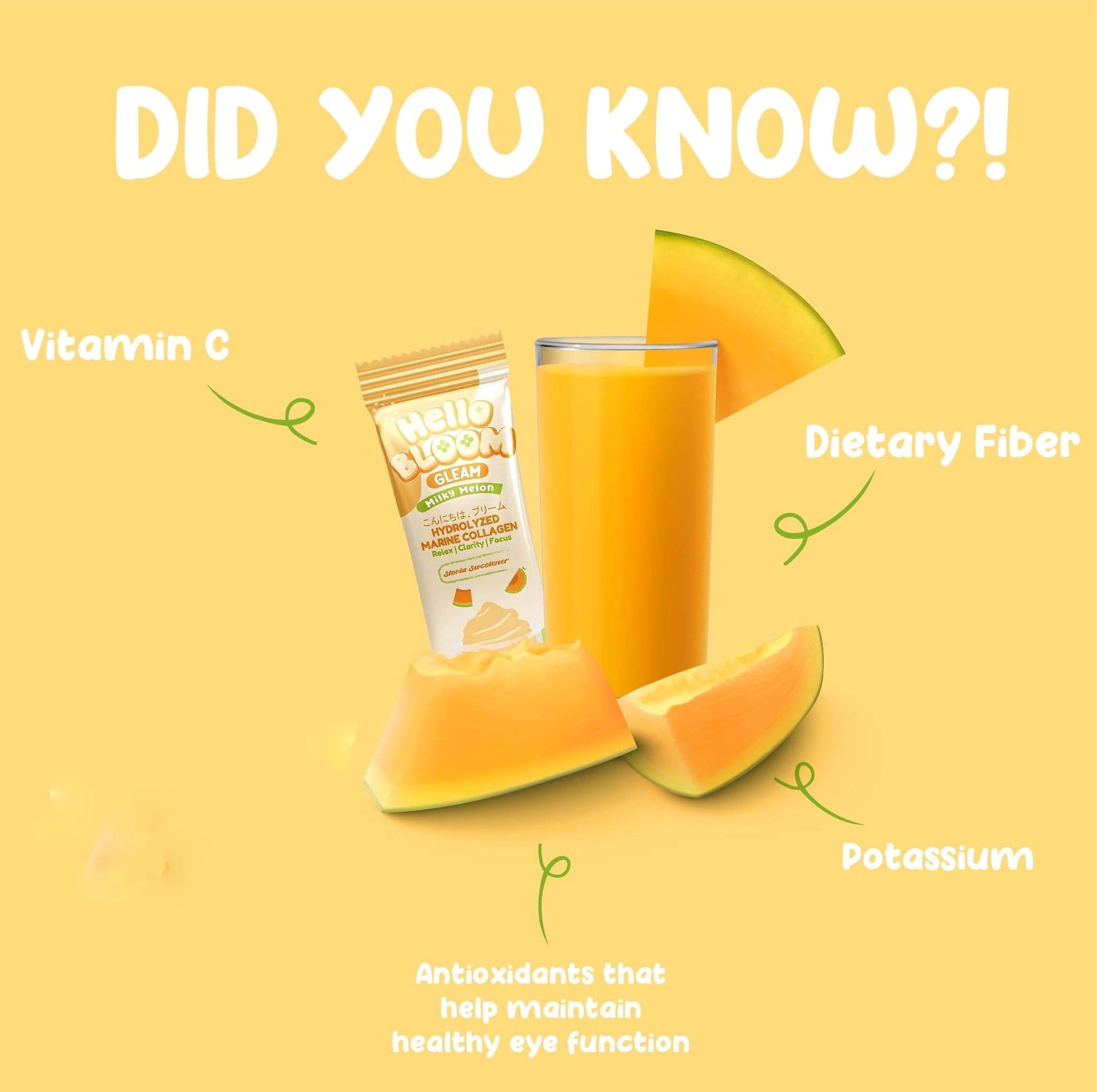 BLOOM GLEAM Milky Melon Collagen Drink packaging – 10 sachets