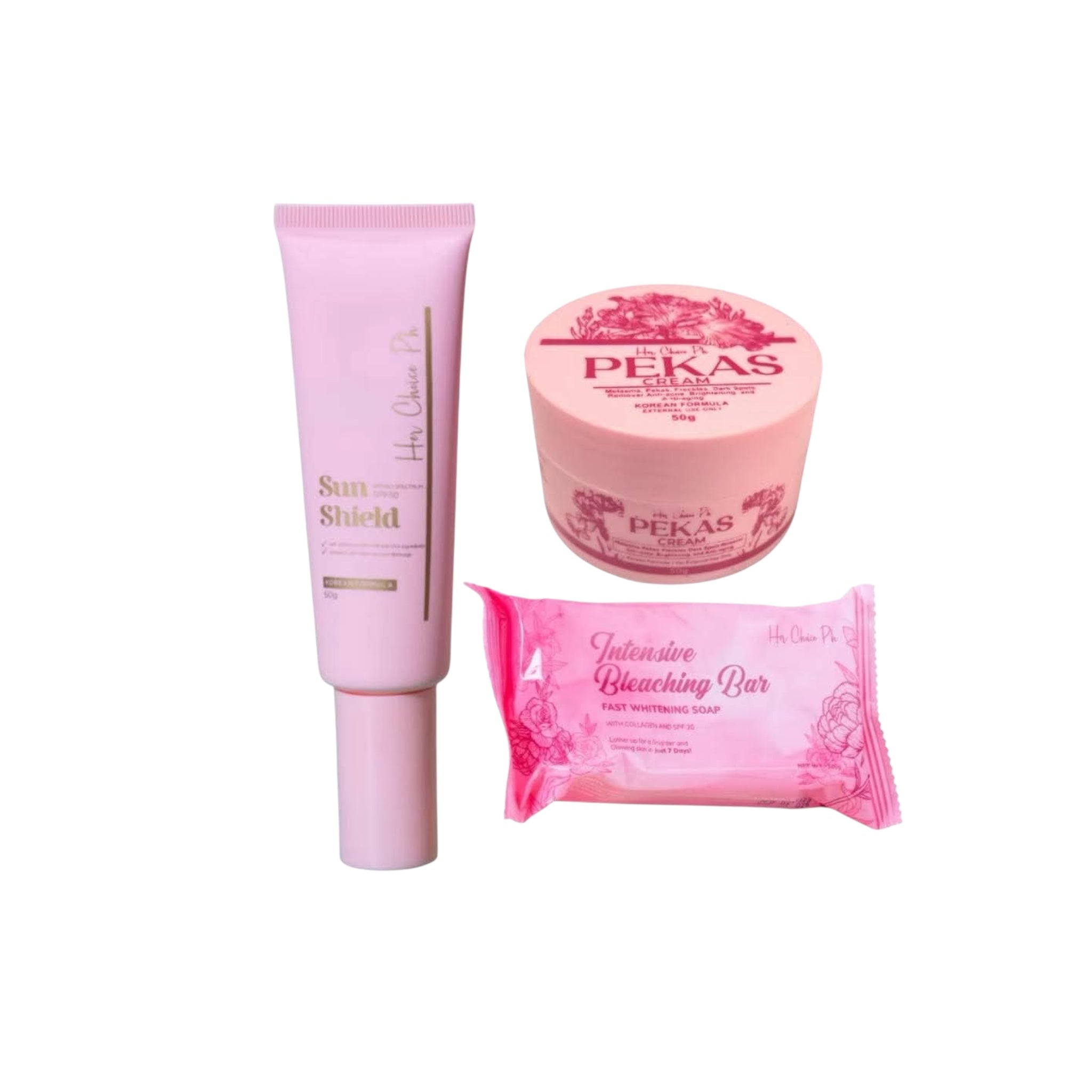 Her Choice PH Set P Intensive Soap, PEKAS Cream and Sun Shield SPF50 complete skincare set