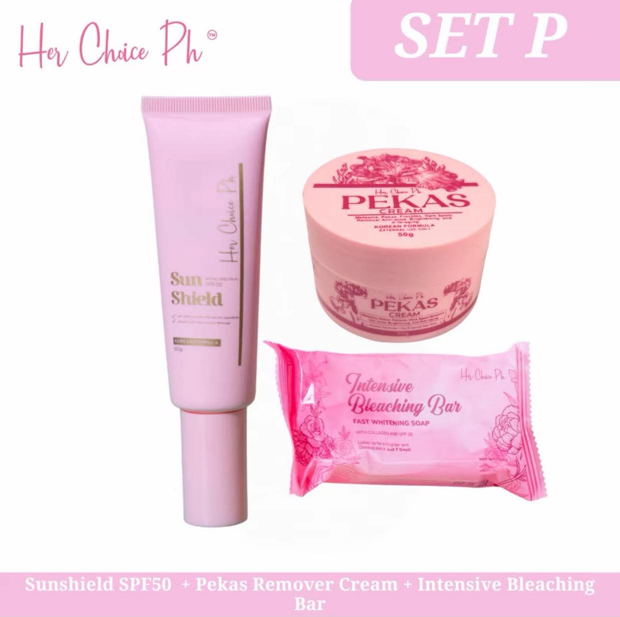 Her Choice PH Set P Intensive Soap, PEKAS Cream and Sun Shield SPF50 daily routine skincare kit