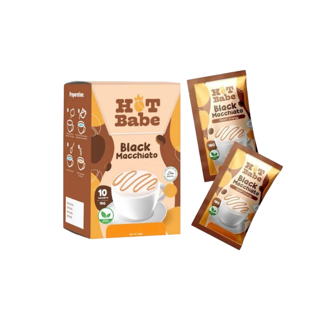 Hot Babe Black Macchiato coffee with rich flavor, 10 sachet pack