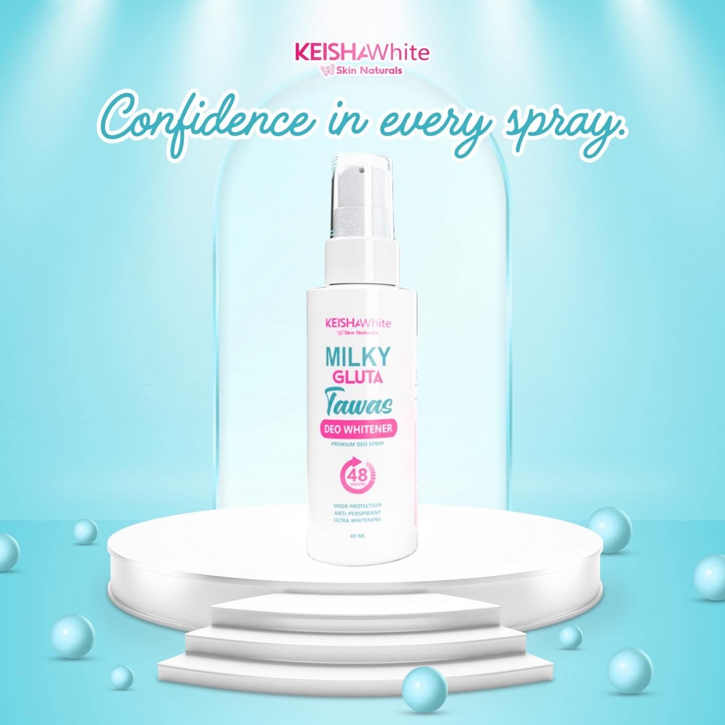 Keisha White Skin Naturals Milky Gluta Tawas Deo Spray provides long-lasting freshness with a smooth, gentle feel.