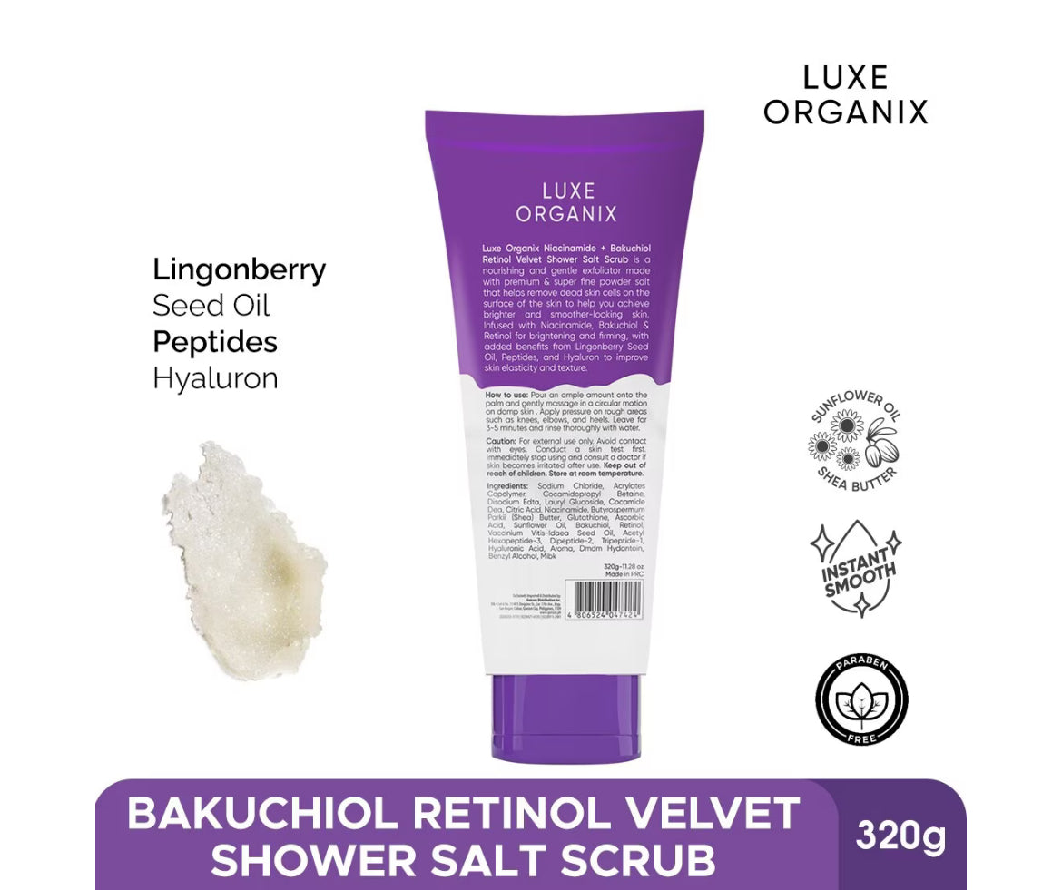 Luxe Organix Niacinamide + Bakuchiol Retinol Salt Scrub 320g enhances velvety skin texture