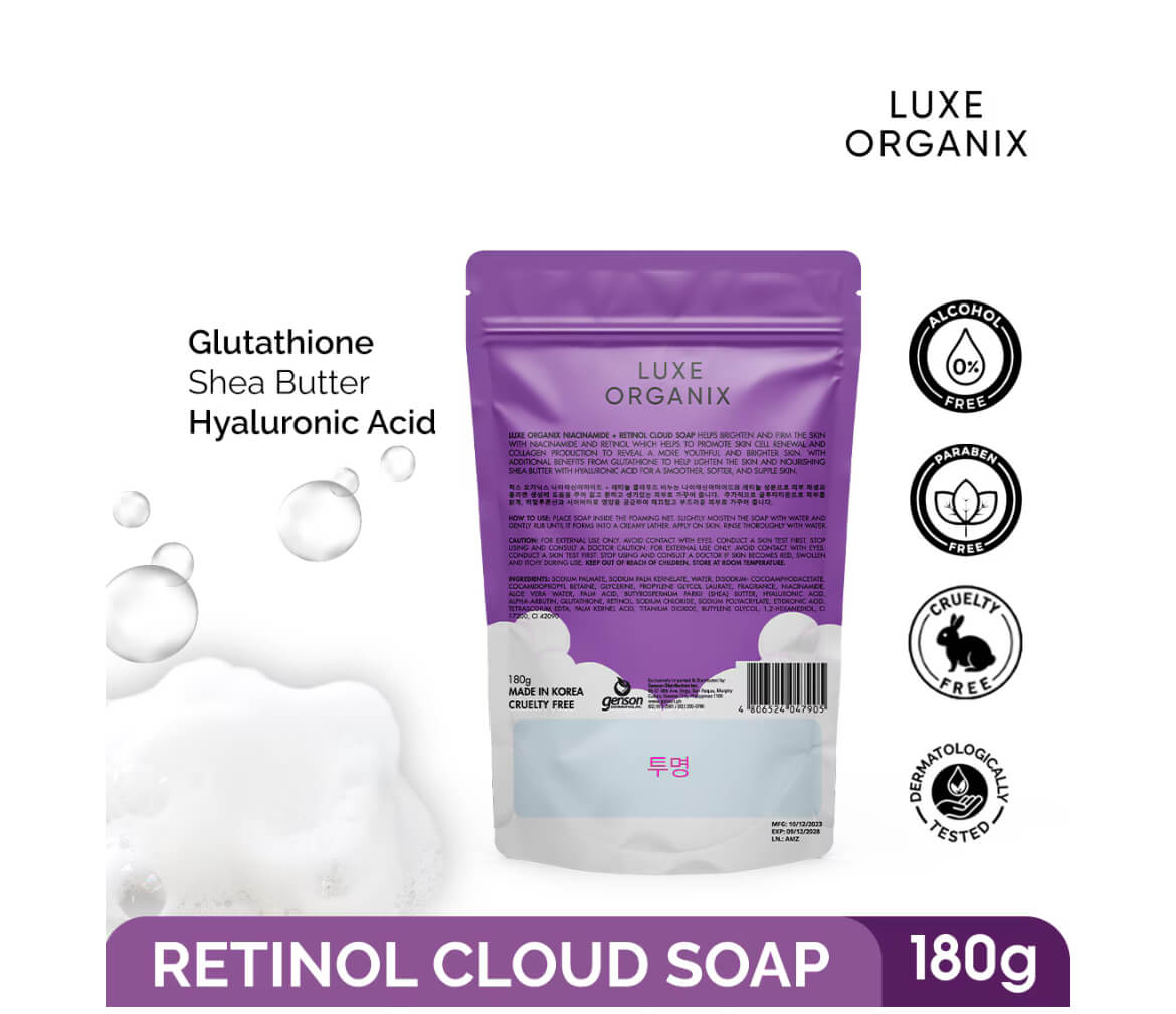 Luxe Organix Retinol + Gluta Serum Lotion & Retinol Cloud Soap helps promote clearer skin