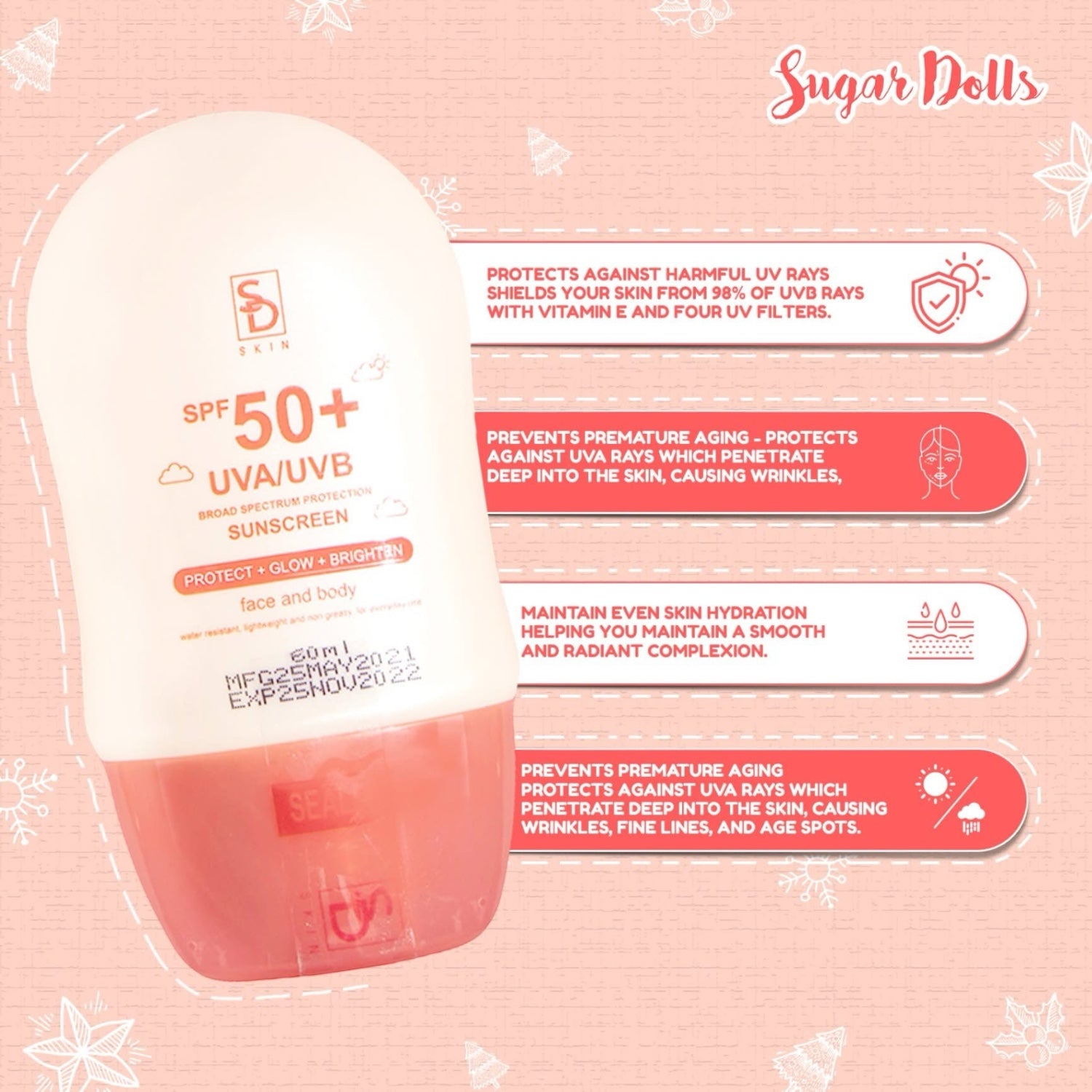 Lightweight face and body sunscreen from Sugar Dolls in 60ml