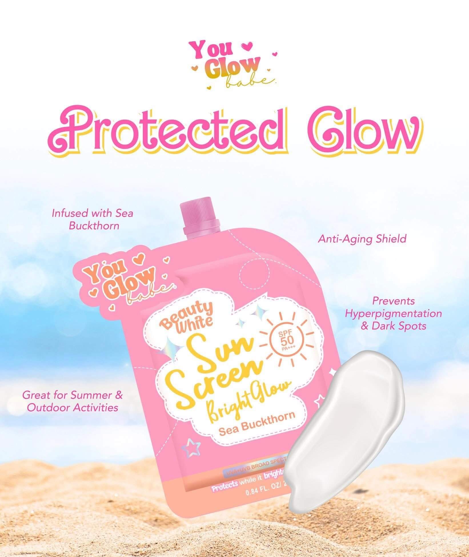 You Glow Babe Beauty White Sunscreen Bright Glow with Sea Buckthorn SPF 50 PA+++ lightweight texture ideal for layering under makeup