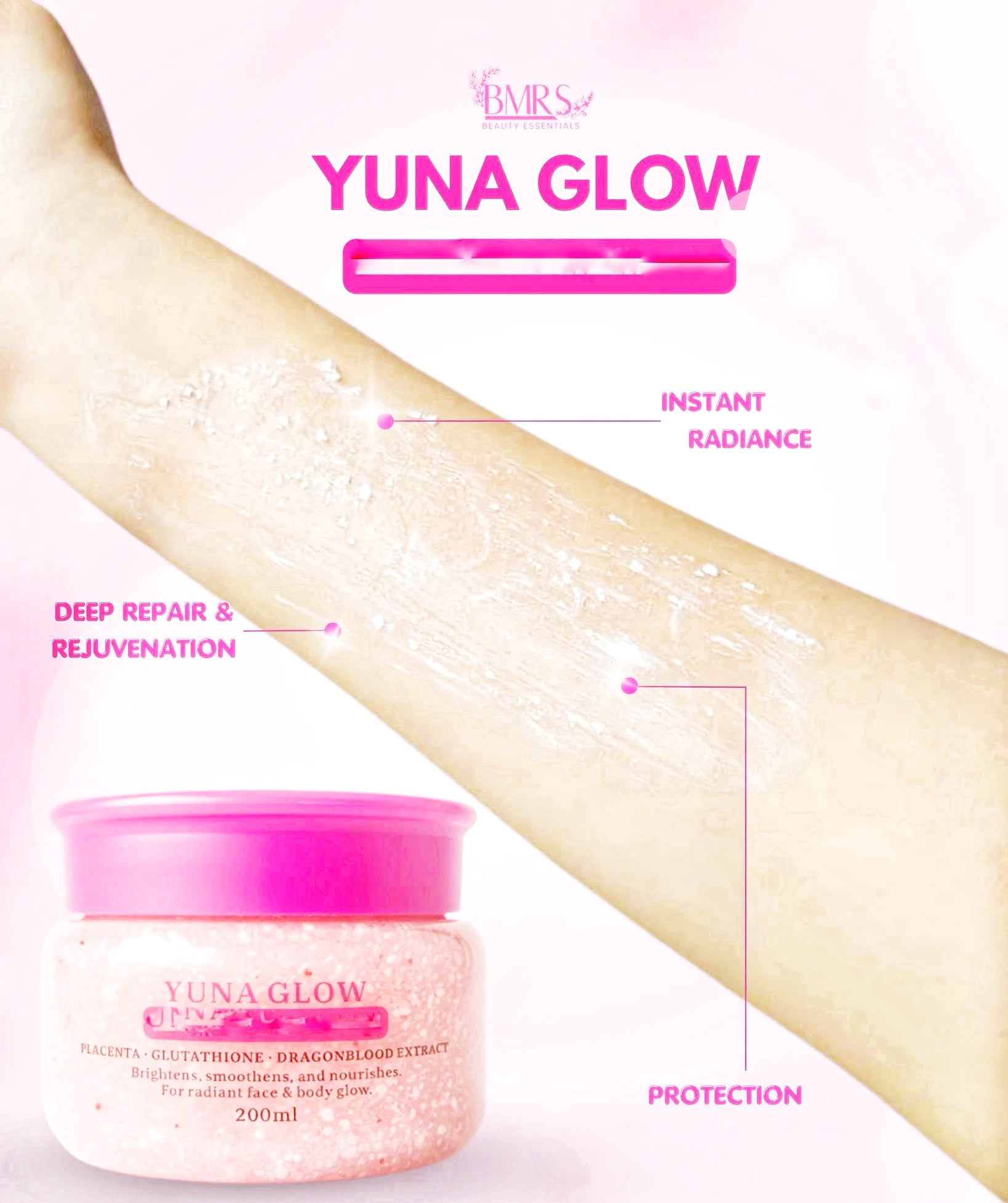BMRS YUNA GLOW Face & Body Cream with Placenta, Glutathione & Dragon Blood Extract - 200 ml