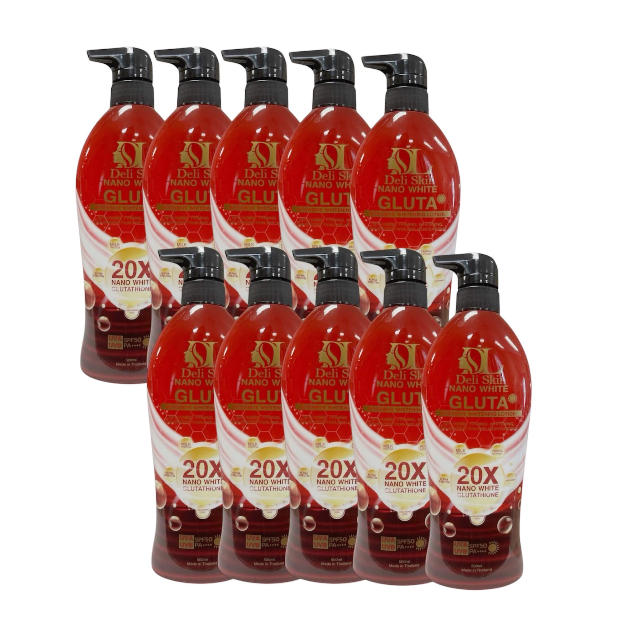 10 bottles Deli Skin Nano White Gluta Body Lotion SPF50 PA+++ 500ml Red bundle with daily sun protection and hydration support