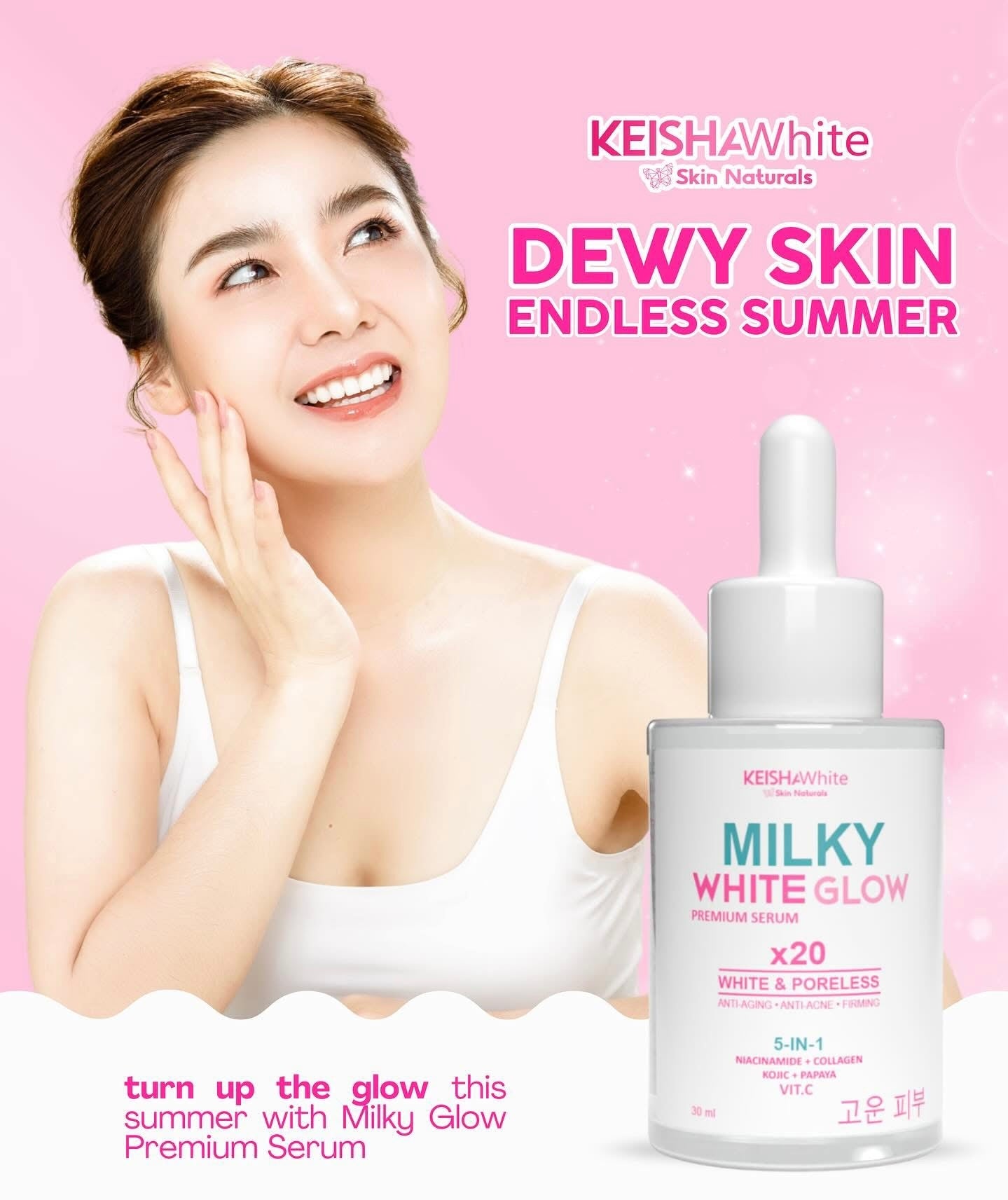 KEISHA White Skin Naturals Milky White Glow Premium Serum 30ml – Niacinamide + Collagen + Papaya + Vitamin C | 5-in-1 Hydrating, Pore-Refining & Firming Face Serum | Paraben-Free, Cruelty-Free