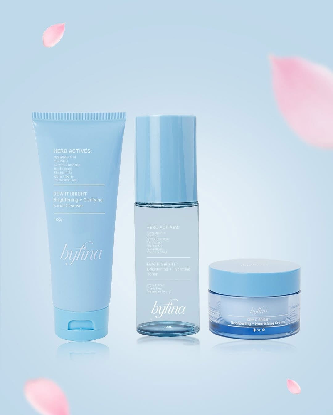 Byfina Brightening Essentials Kit – Radiant Skin Set with Niacinamide, Alpha Arbutin, Tranexamic Acid, Pearl Extract & Suizenji Blue Algae – Cleanser, Toner & Nourishing Cream for Glowing Complexion