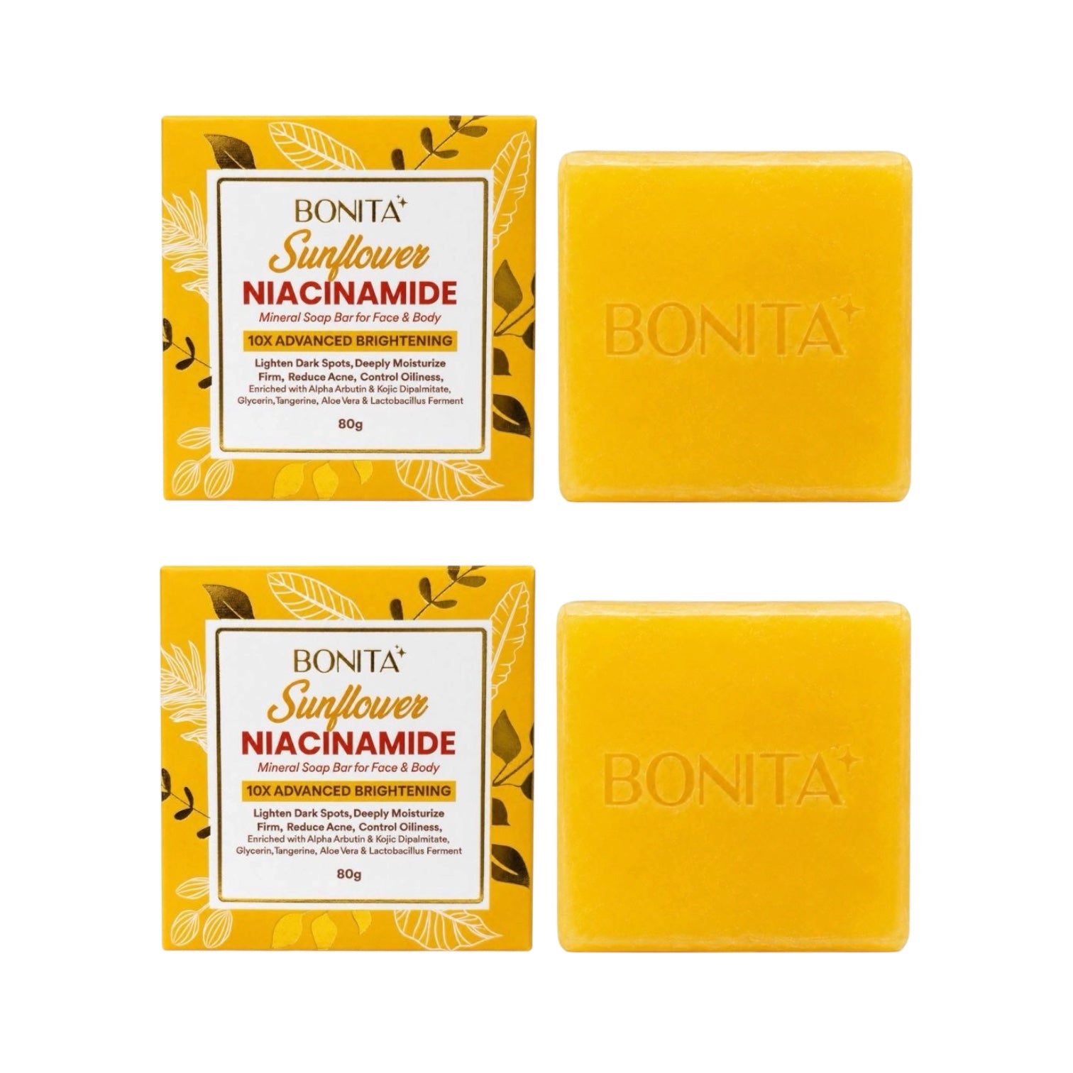 2 Bars Bonita Sunflower Niacinamide Face and Body Mineral Soap Bar, two 80g bars