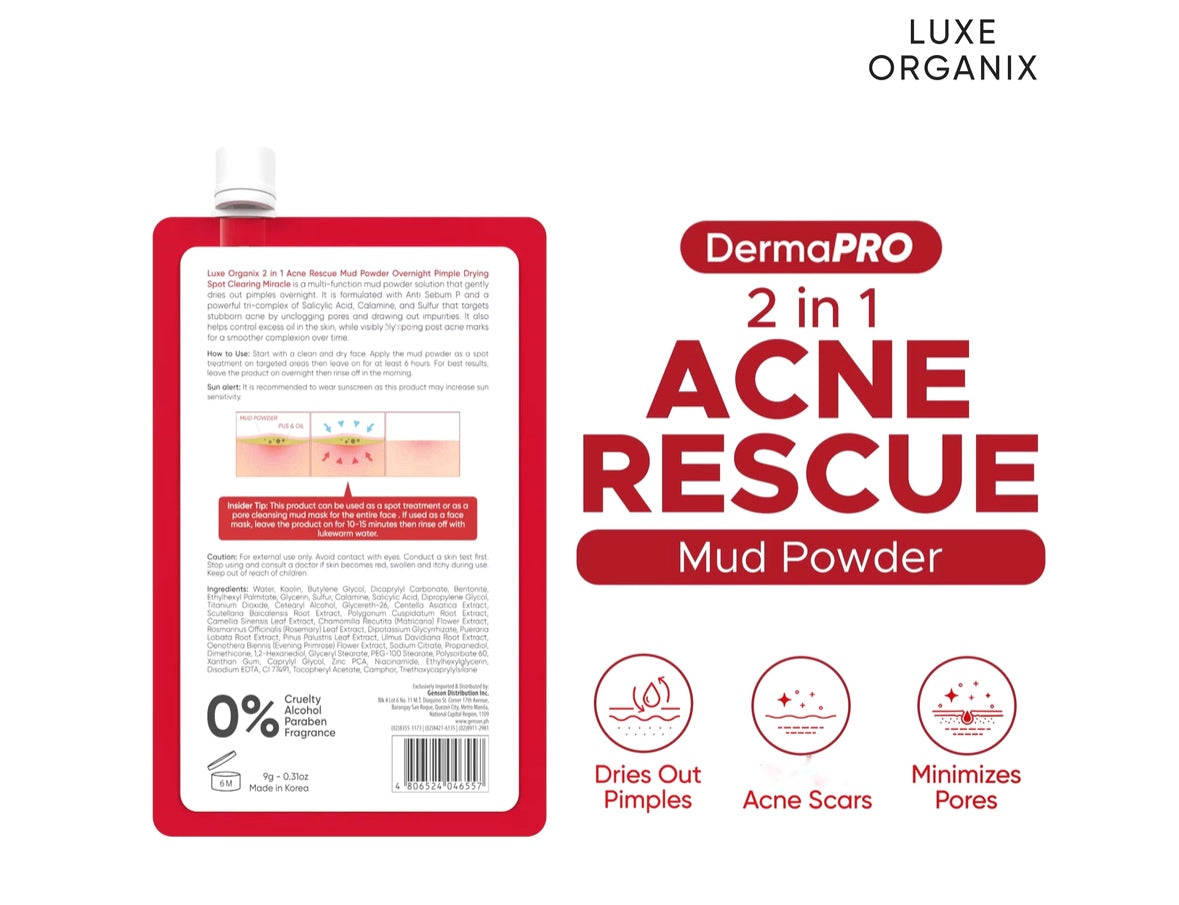 LUXE ORGANIX 2 in 1 Acne Rescue Mud Powder - Overnight Pimple Drying Treatment (9g) - Unclogs Pores & Controls Excess Sebum