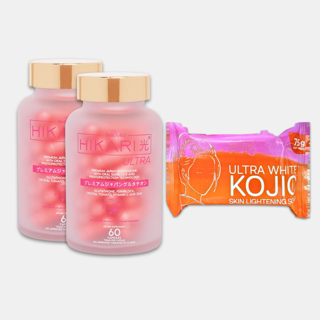 2 Bottles Beauty&U Hikari Premium Japan Glutathione + Kojic Soap 70g