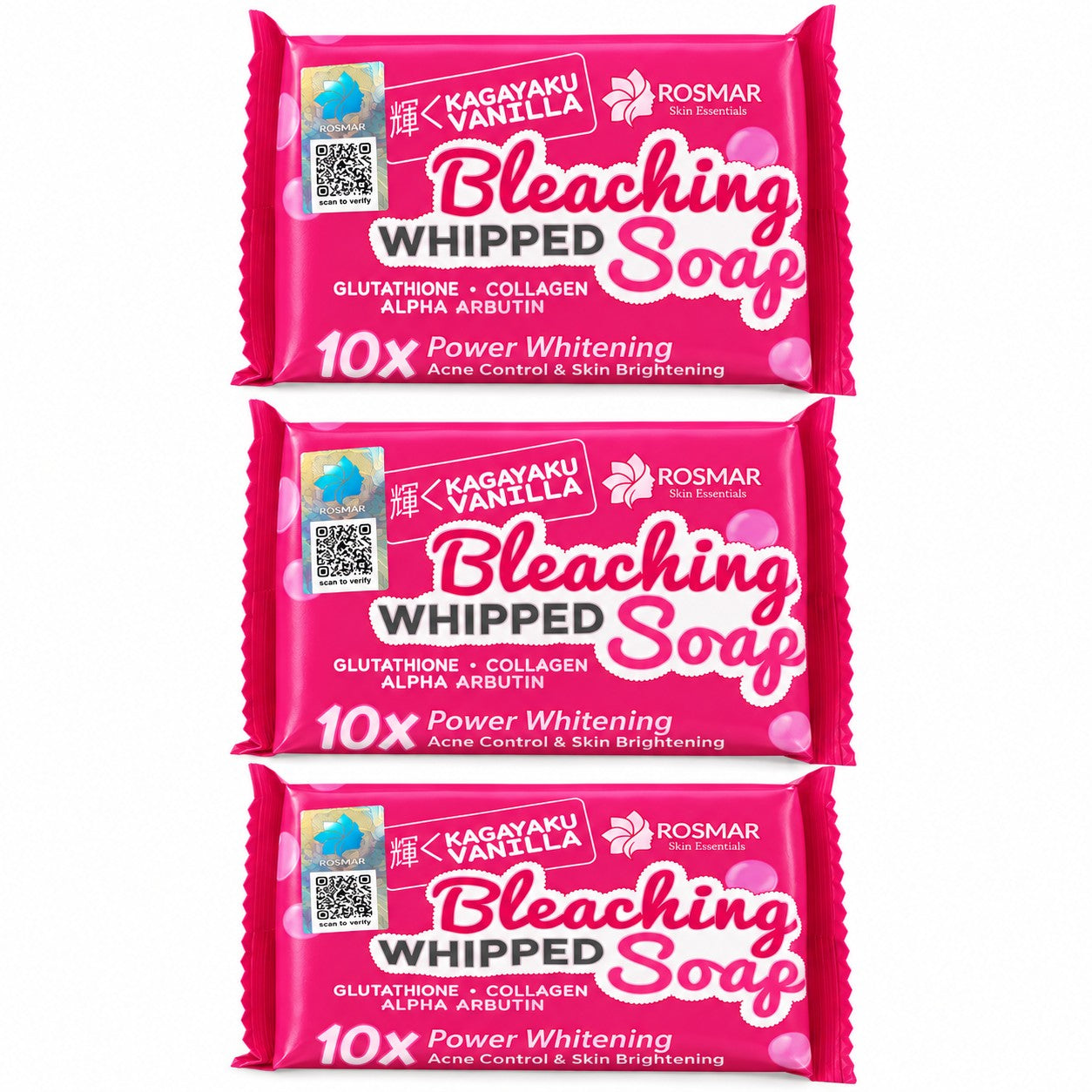 3 Bars Rosmar Kagayaku Vanilla Whipped Soap 75g with glutathione, collagen and alpha arbutin for daily cleansing