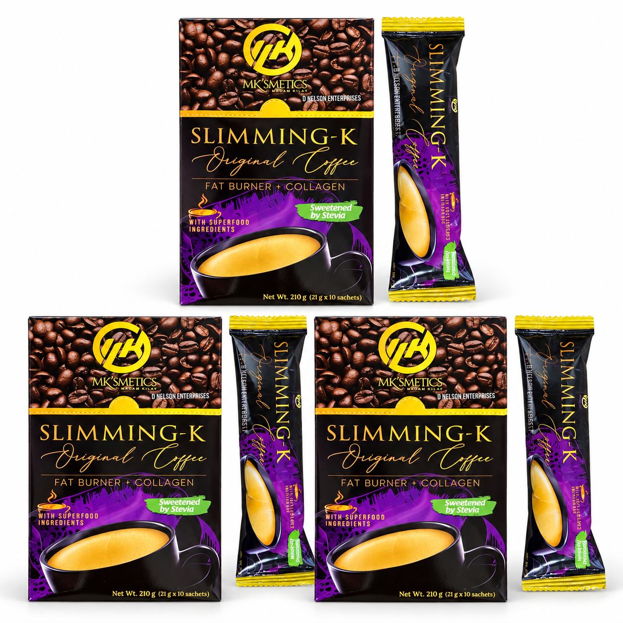 3 boxes Madam Kilay Classic Coffee with Collagen individually portioned sachets for convenient serving and preparation