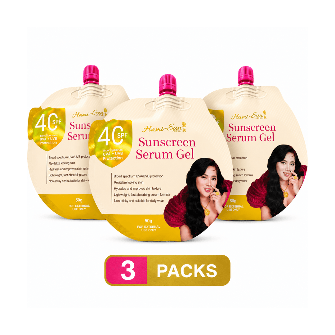 3 Packs Hami-San Sunscreen Serum Gel formulated with Tranexamic Acid and botanical extracts for daily skin-conditioning care.
