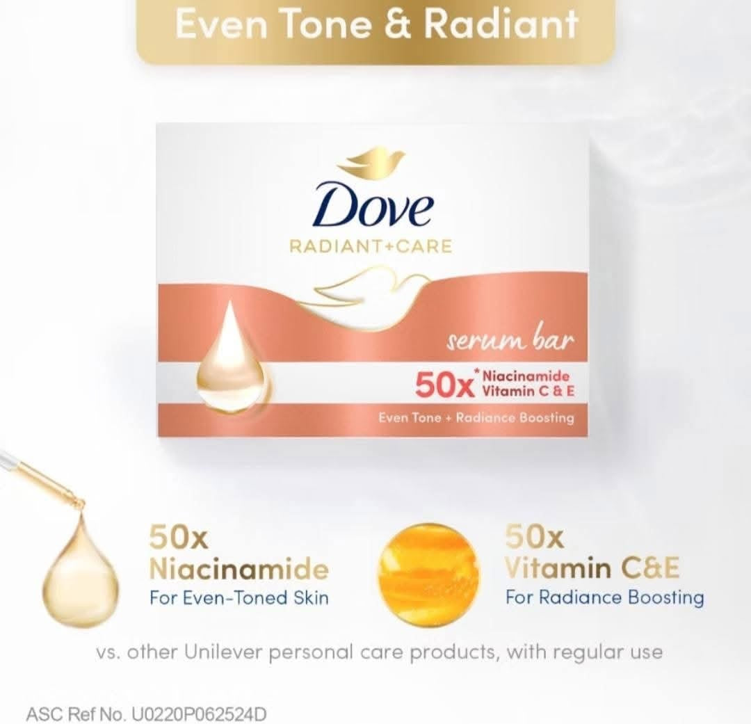 DOVE Radiant+Care Serum Bar – Triple Serum Blend with Niacinamide, Vegan Collagen & Omega 6 | Nourishing Body Cleansing Bar for Smooth, Radiant & Moisturized Skin | 90g x 3 Bars (3 Variants to Choose From)