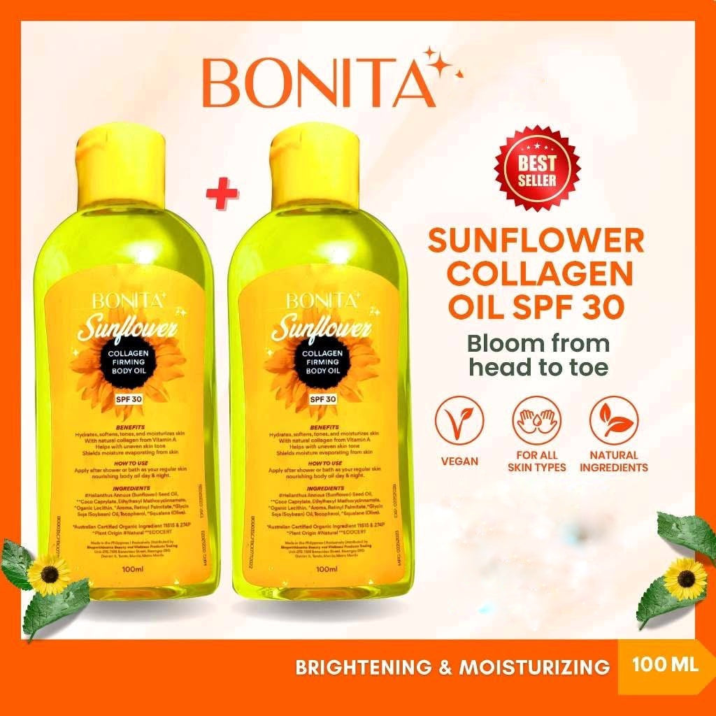 BONITA Sunflower Collagen Firming Body Oil SPF 30 - 100ml, Hydrating & Softening Body Moisture Oil with Vitamin A & Squalane