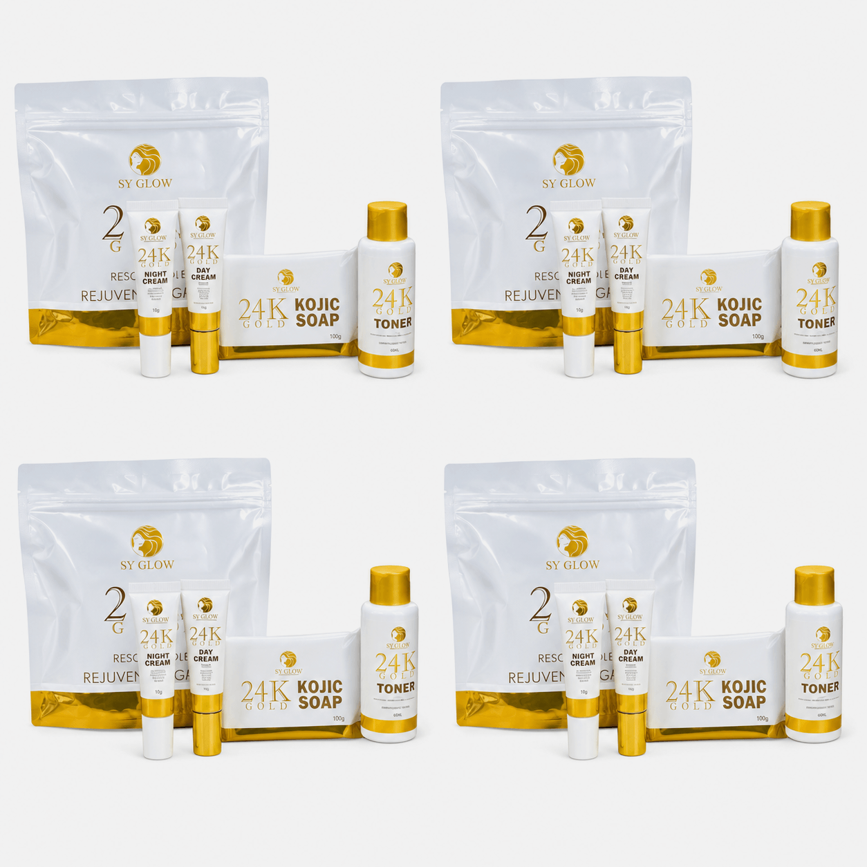 4 Sets SY GLOW 24K Gold Rejuvenating Set with Resorcinol and Niacinamide featuring a complete 4-step facial care routine