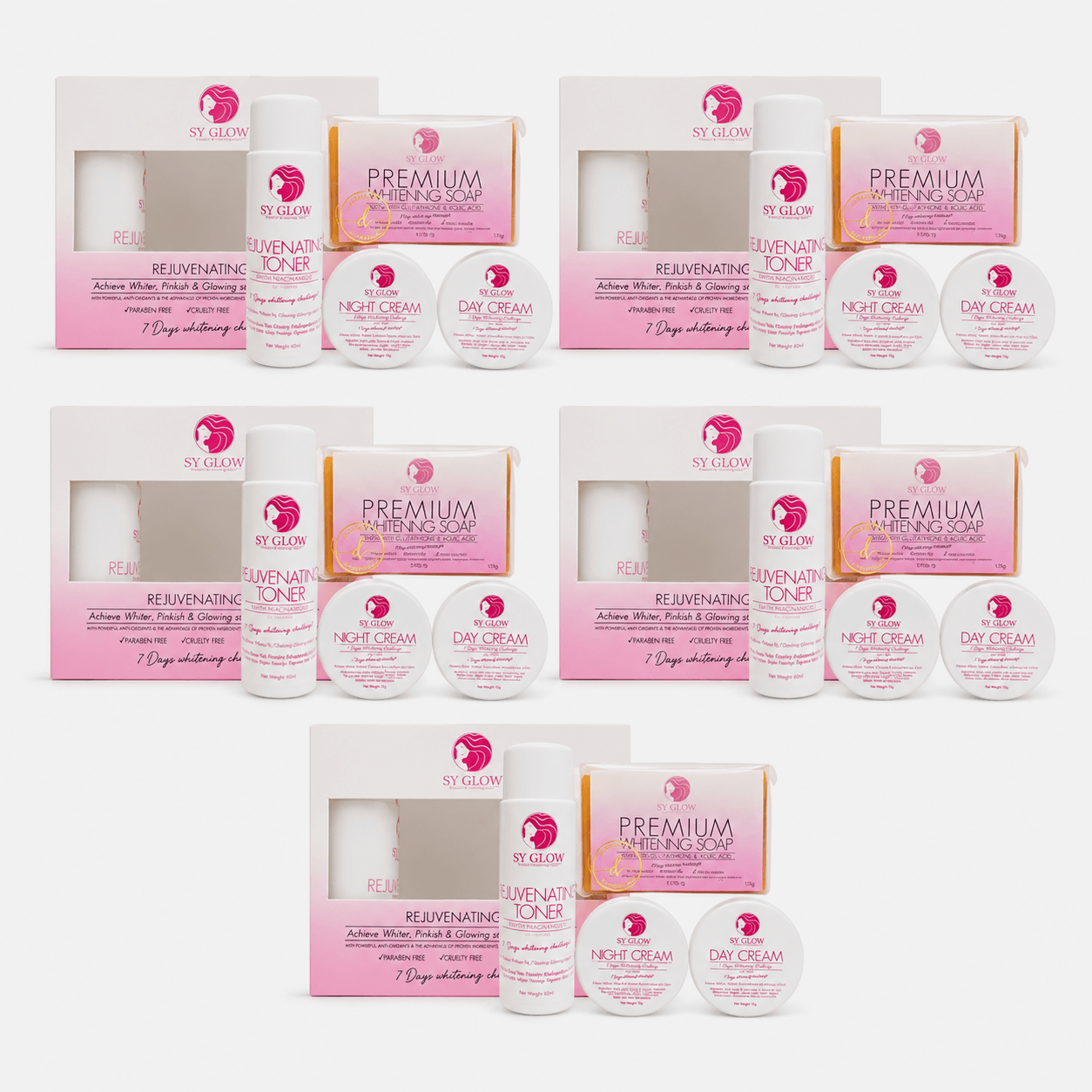 5 Sets SY Glow Premium Rejuvenating Set 5 Sets complete 4-step day and night facial care kit with toner, soap, day cream and night cream