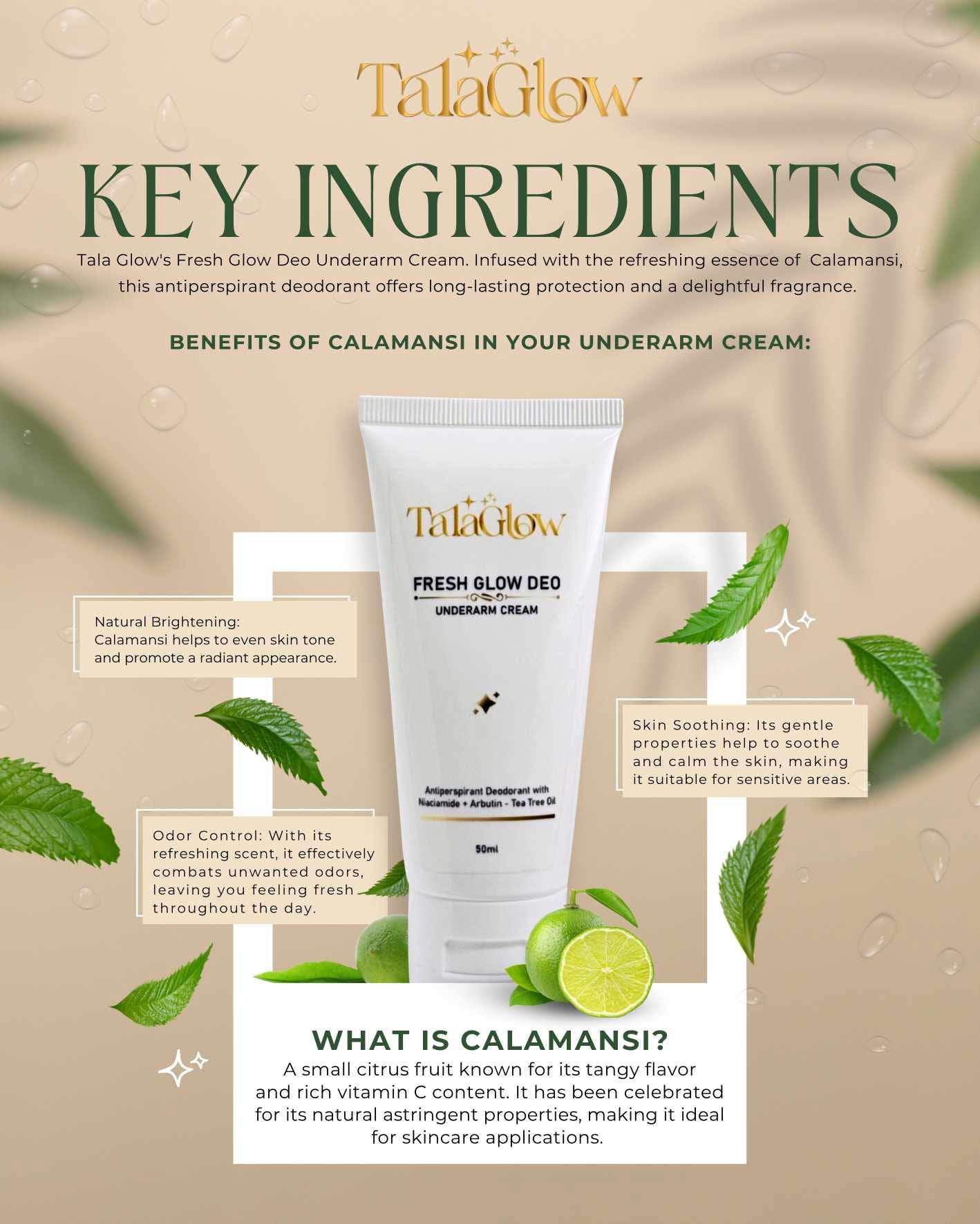 Tala Glow Fresh Glow Deo - Nourishing Underarm Cream Antiperspirant Deodorant Enriched with Niacinamide, Alpha Arbutin, Tea Tree Oil & Calamansi Extract - 50ml