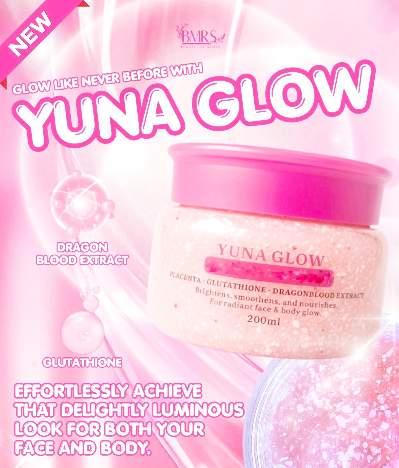 BMRS YUNA GLOW Face & Body Cream with Placenta, Glutathione & Dragon Blood Extract - 200 ml