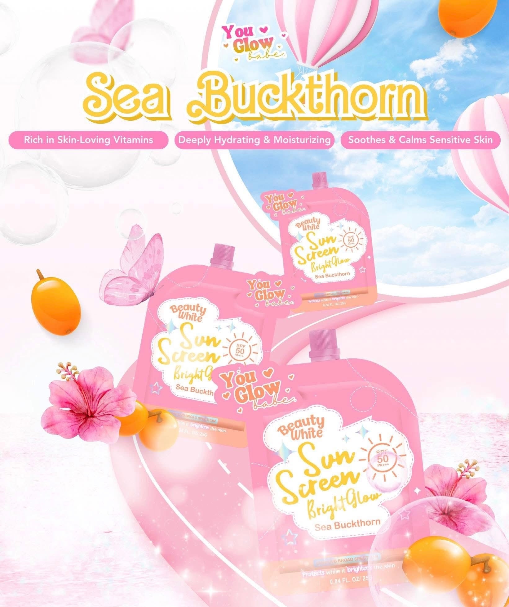 You Glow Babe Beauty White Sunscreen Bright Glow with Sea Buckthorn SPF 50 PA+++  (Solo or Twin Pack)