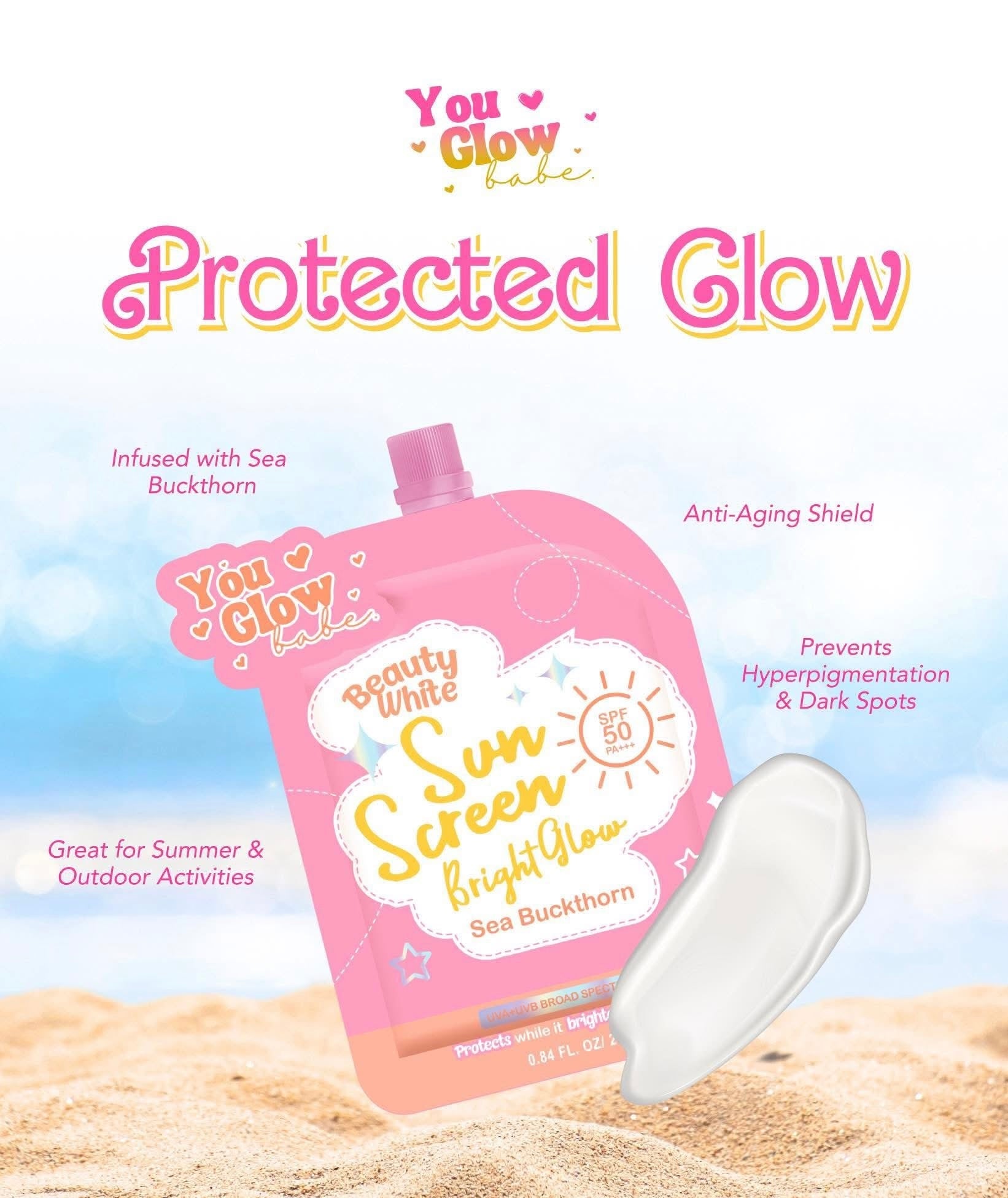 You Glow Babe Beauty White Sunscreen Bright Glow with Sea Buckthorn SPF 50 PA+++  (Solo or Twin Pack)