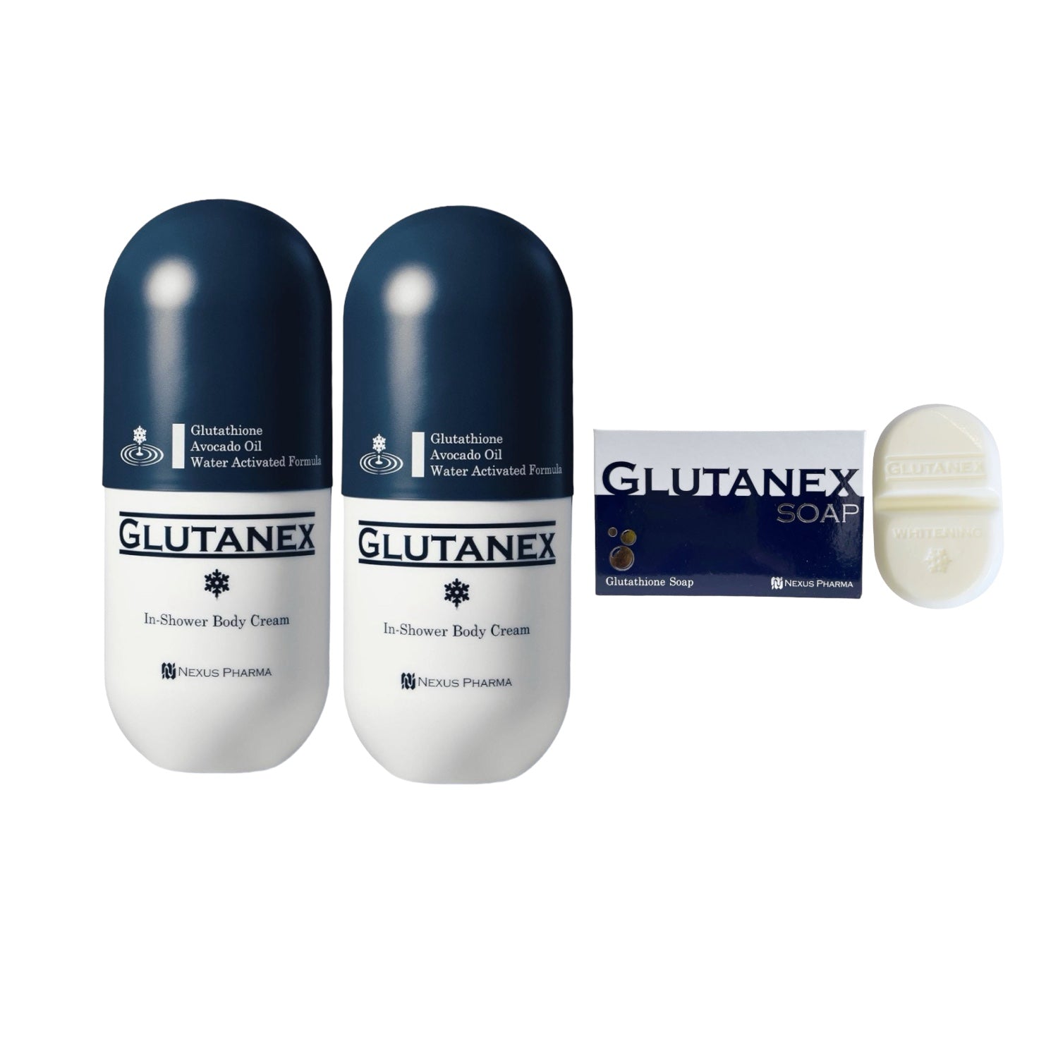 2 Bottles Glutanex Whitening In-Shower Body Cream + Glutathione Soap