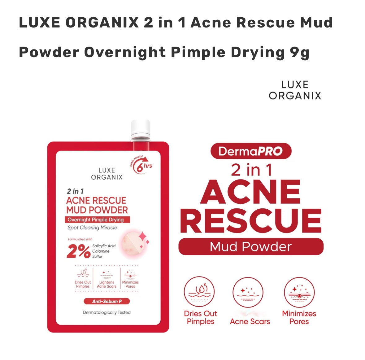 LUXE ORGANIX 2 in 1 Acne Rescue Mud Powder - Overnight Pimple Drying Treatment (9g) - Unclogs Pores & Controls Excess Sebum