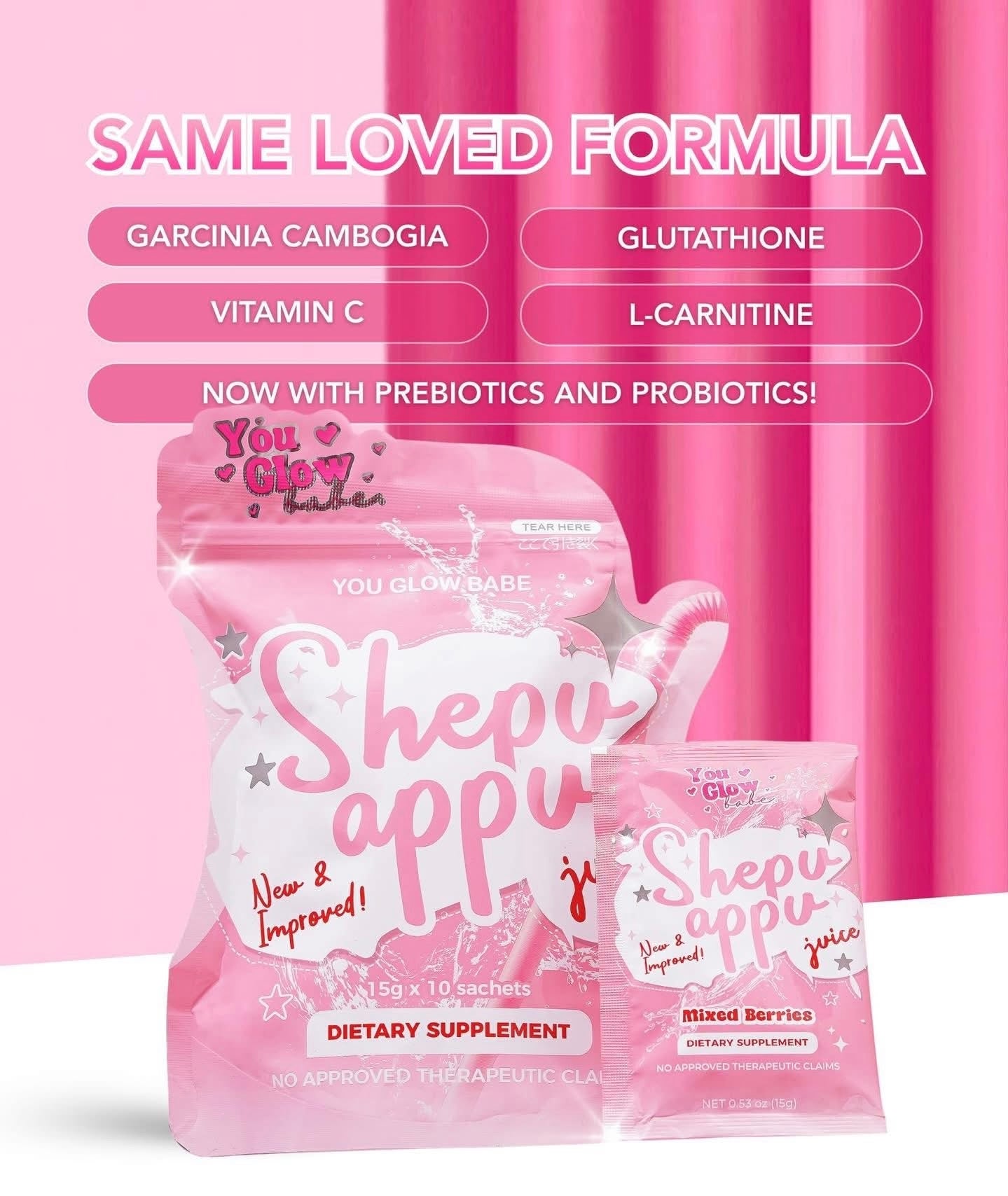 NEW PACKAGING YOU GLOW BABE Shepu Appu Juice Dietary Supplement – Mixed Berries | L-Carnitine, Glutathione, Probiotics & Vitamin C Drink Mix | 15g x 10 Sachets