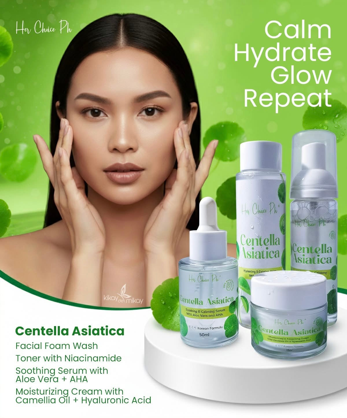 Her Choice PH Centella Asiatica Premium Repair Skincare Set – Facial Foam Wash, Hydrating Toner, Soothing Serum & Moisturizing Cream with Camellia Oil, Aloe Vera, Niacinamide & Hyaluronic Acid – Korean Formula