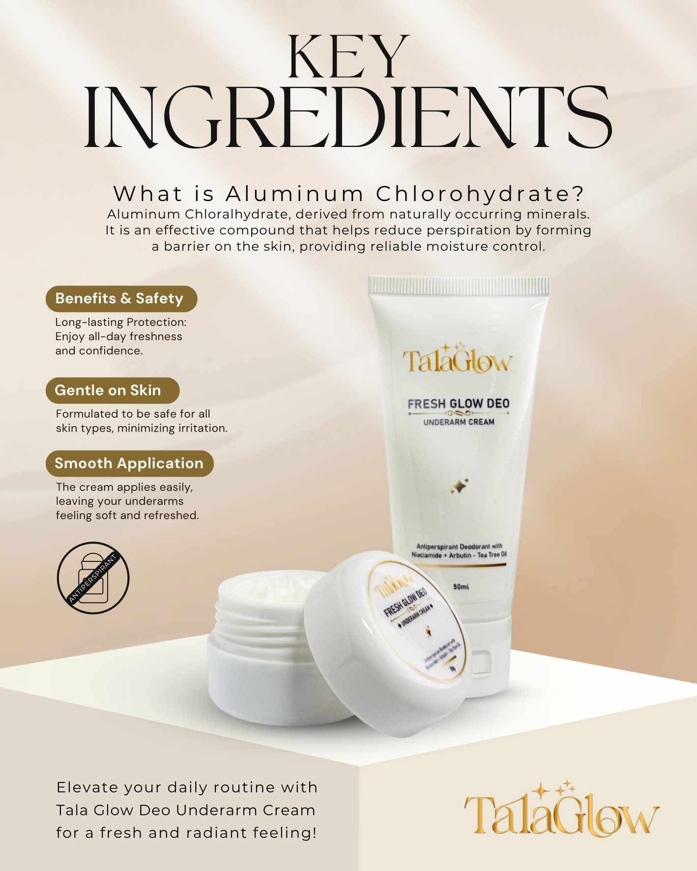 Tala Glow Fresh Glow Deo - Nourishing Underarm Cream Antiperspirant Deodorant Enriched with Niacinamide, Alpha Arbutin, Tea Tree Oil & Calamansi Extract - 50ml