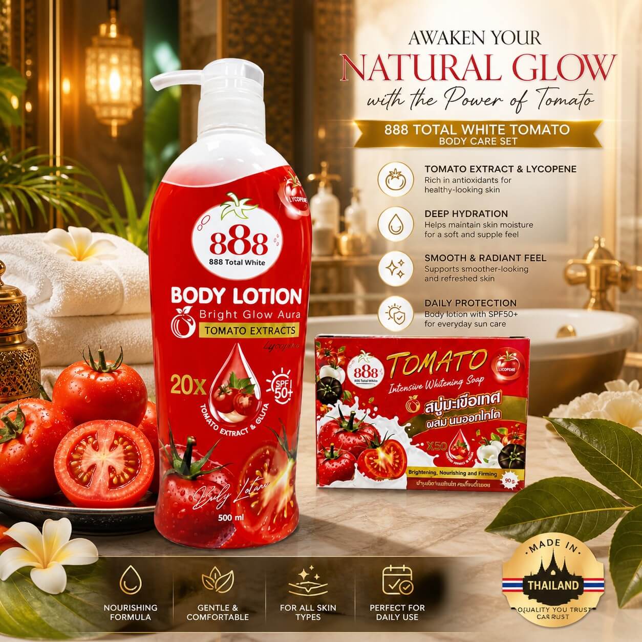 888 Total White Tomato Body Care Set tomato extract body lotion with SPF50 for daily moisture support