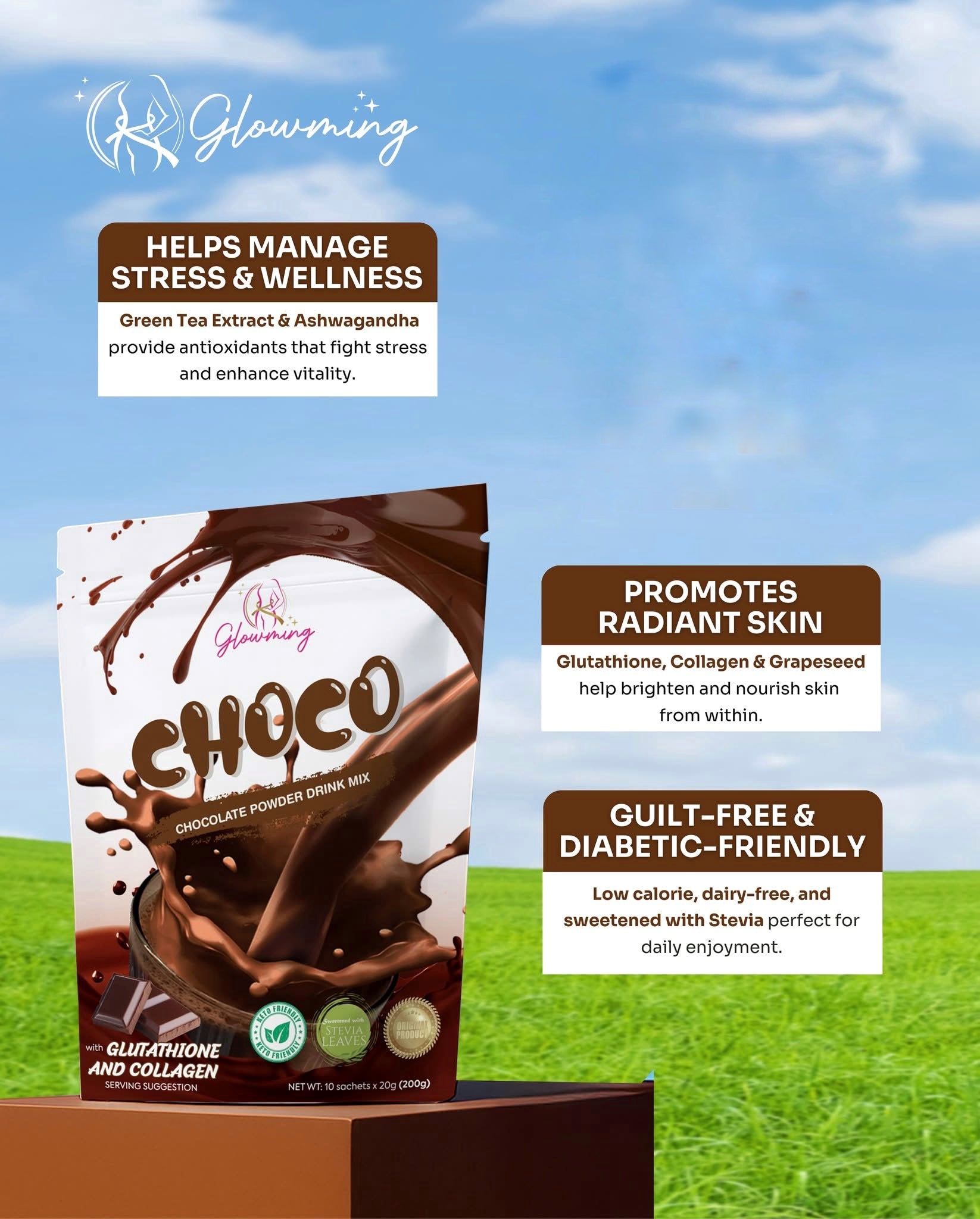 Cris Cosmetics Glowming Choco - Glutathione & Collagen Drink Mix | 20g x 10 Sachets