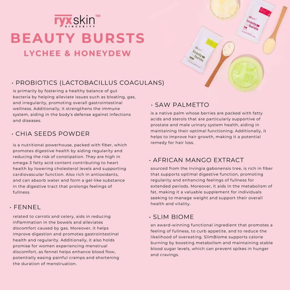 Ryxskin Beauty Burst Gut Glow Milky Powder Mix, 10 Sachets - Honeydew & Lychee