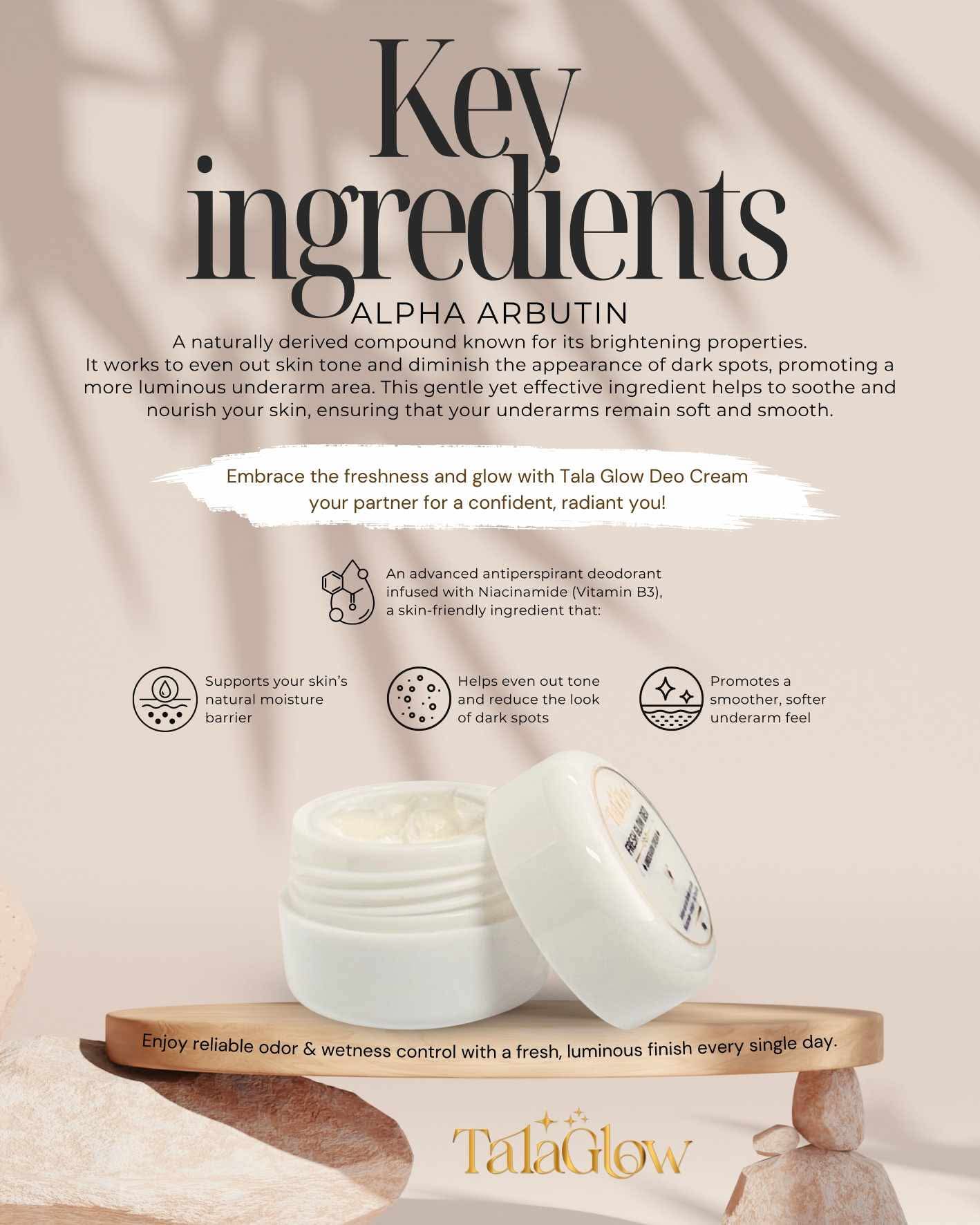 Tala Glow Fresh Glow Deo - Nourishing Underarm Cream Antiperspirant Deodorant Enriched with Niacinamide, Alpha Arbutin, Tea Tree Oil & Calamansi Extract - 50ml