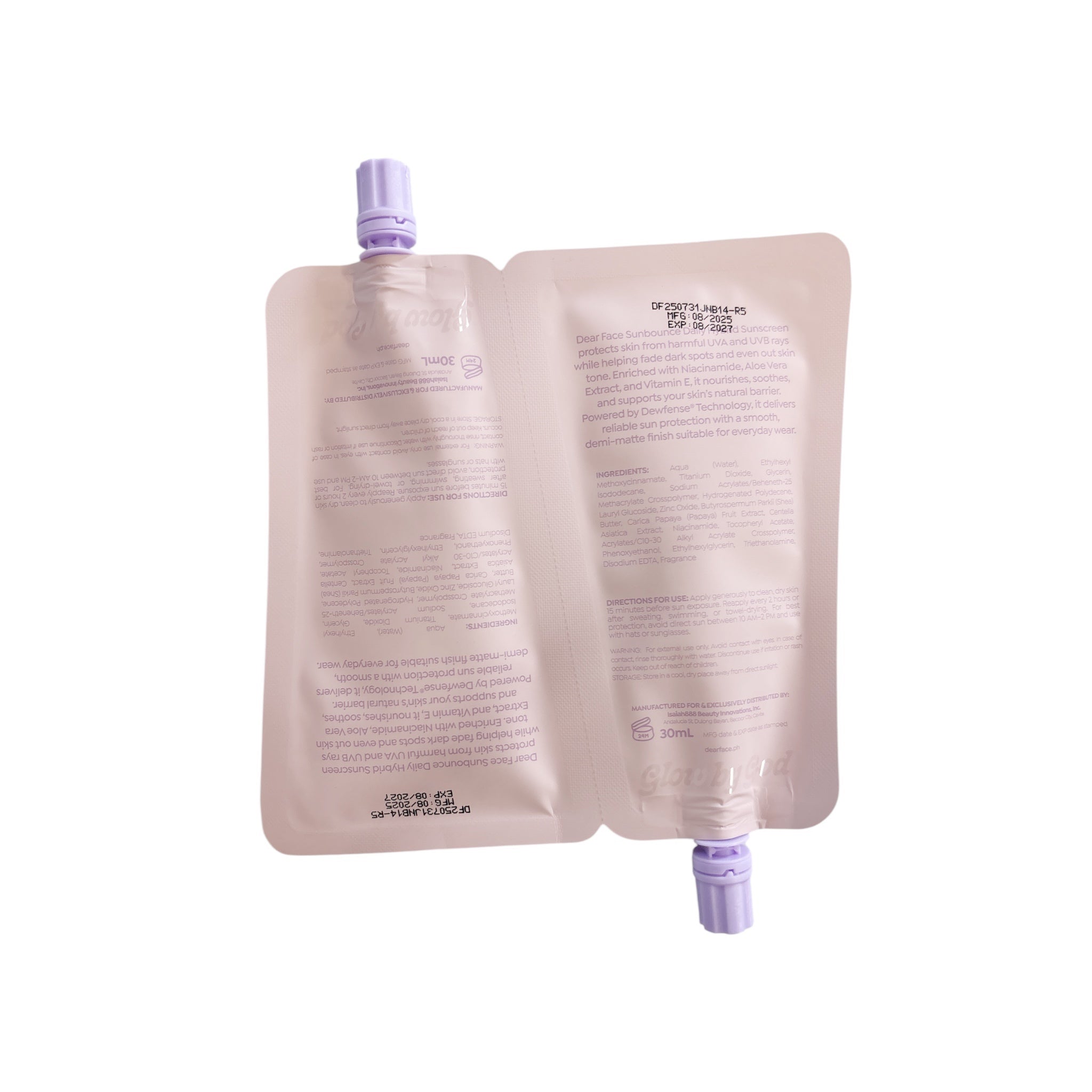 Dear Face Sun Bounce Daily Sunscreen Twin Pack with Dewfense® Technology - Broad Spectrum UVA+UVB Protection (30ml x 2) - Non-Comedogenic & Hypoallergenic