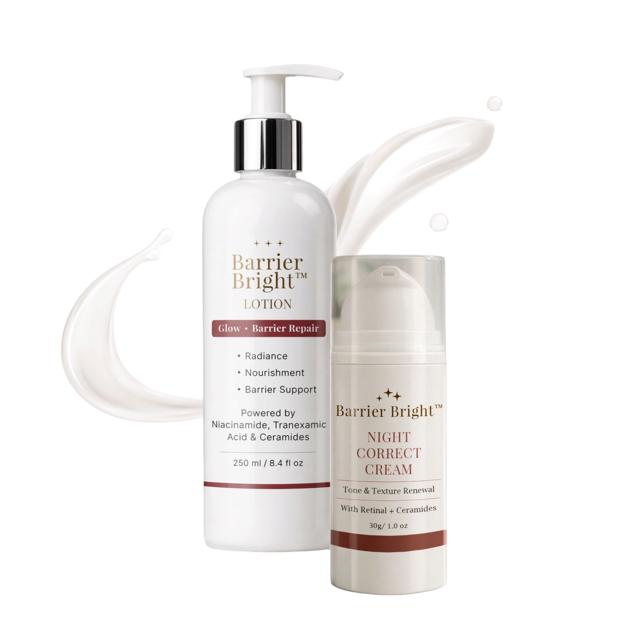 Barrier Bright™ Night Repair Duo – Barrier Repair Lotion 250ml + Night Correct Cream (Retinal) 30g | Overnight Hydration + Skin Renewal Support